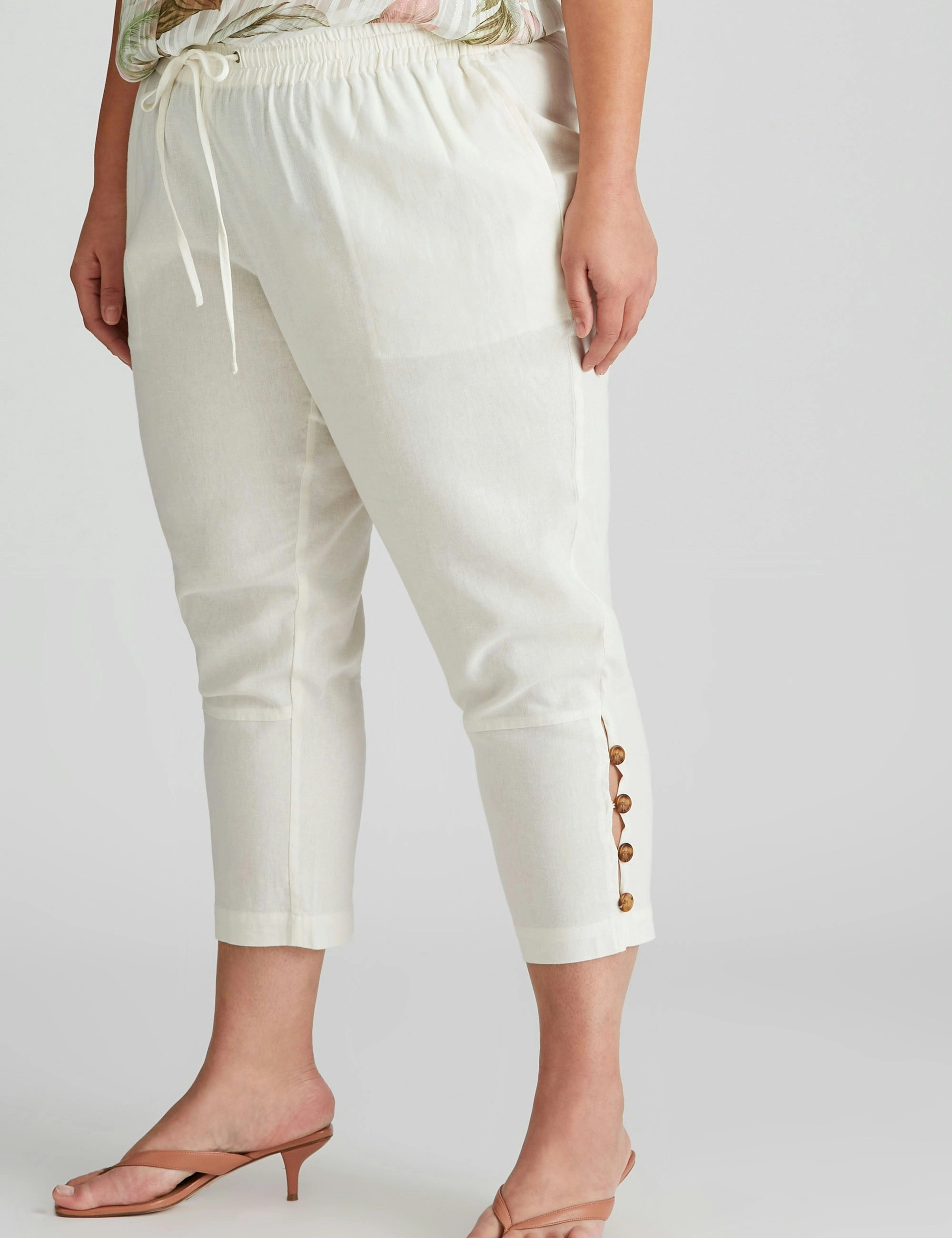 Autograph Woven Ankle Length Button Trim Linen Pants (White)