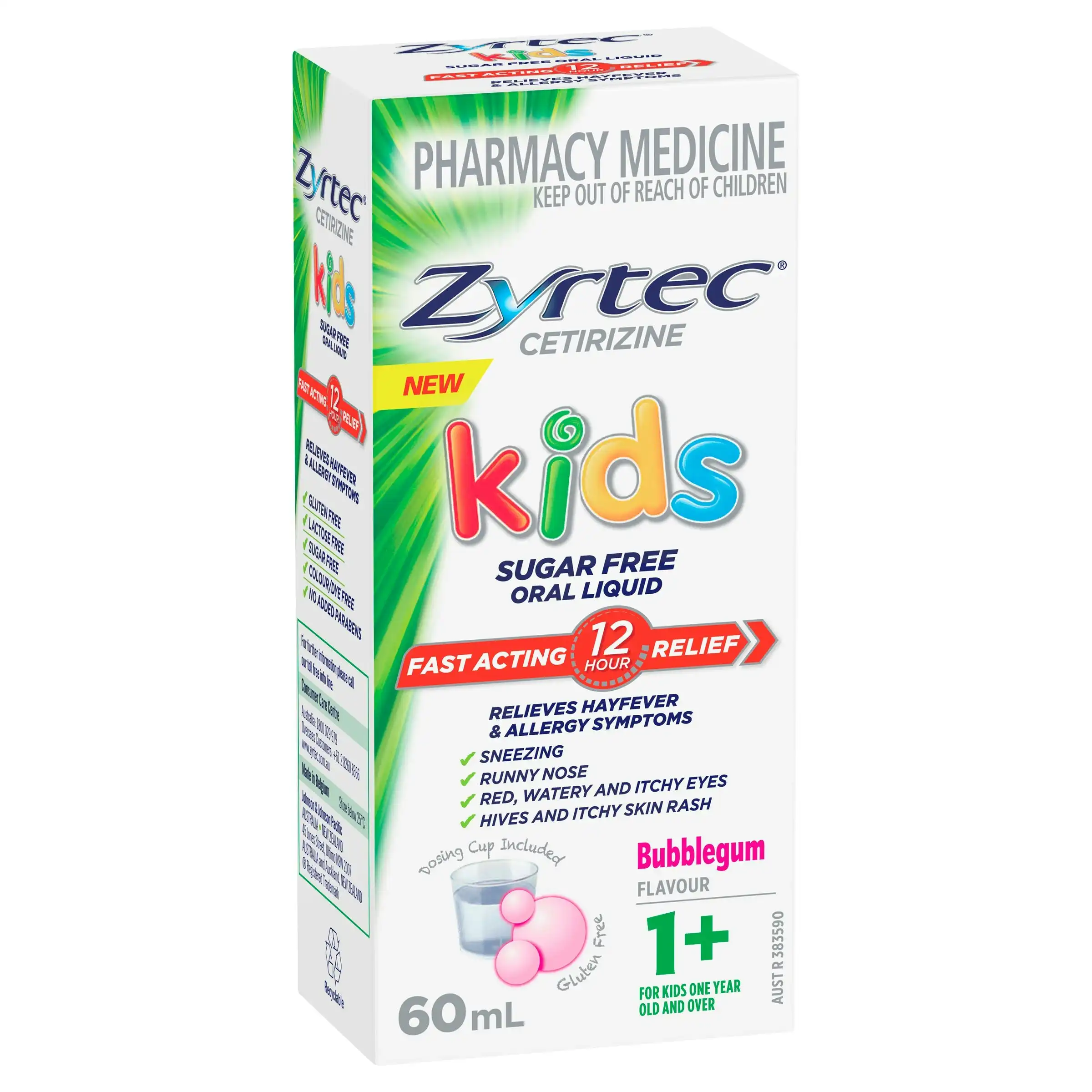 Zyrtec Kids Antihistamine Allergy & Hayfever Oral Liquid Bubblegum 60ml