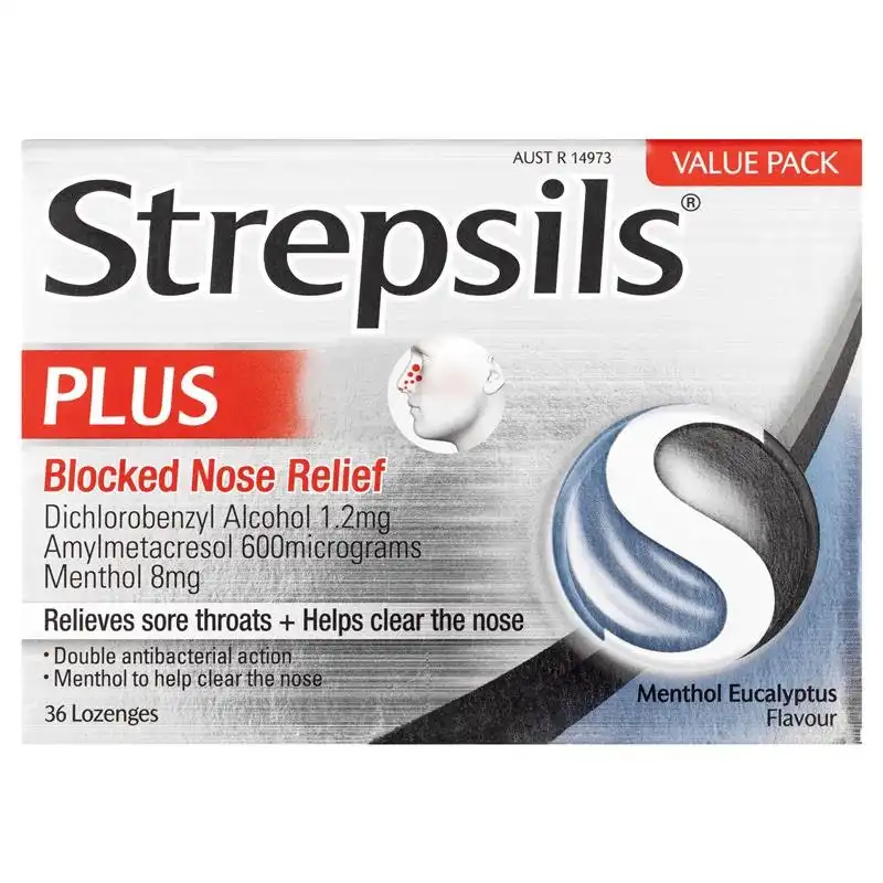 Strepsils Plus Blocked Nose Relief Throat Lozenges Menthol Eucalyptus 36PK