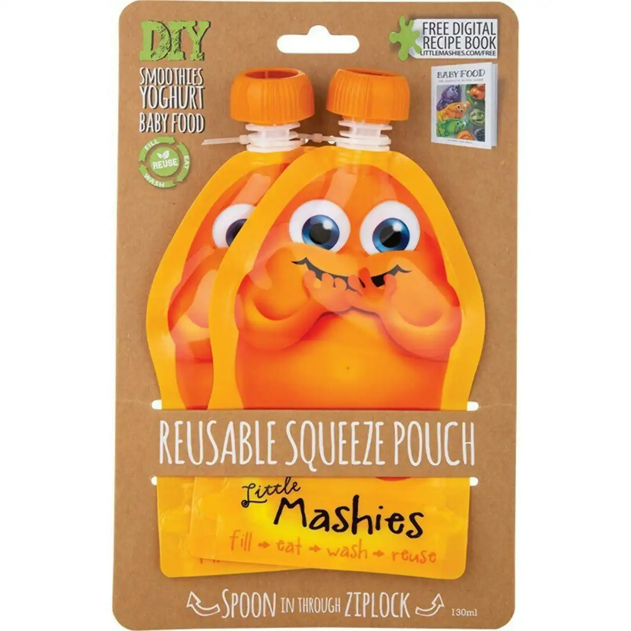 Little Mashies Reusable Squeeze Pouch Pack Of 2 - Orange 2x130ml