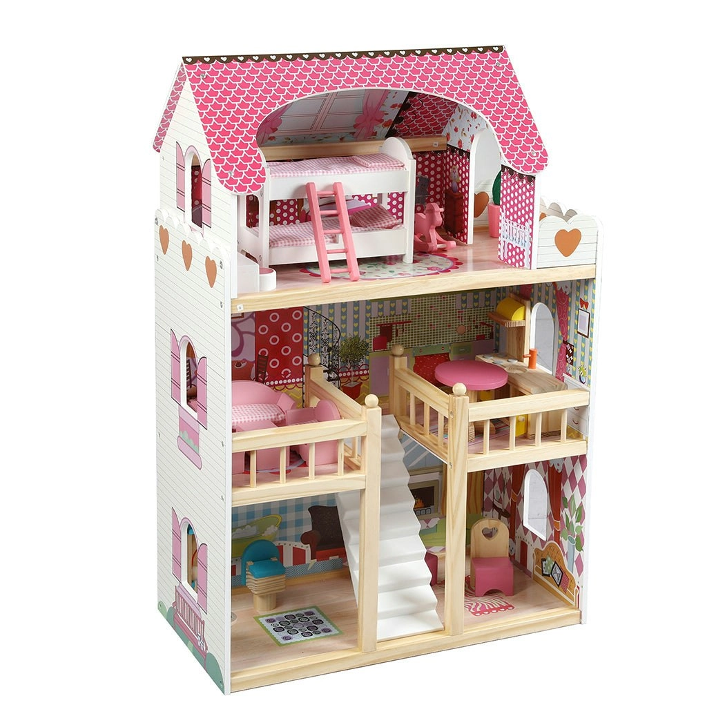 BoPeep Wooden Doll House 3 Floor Kids Girl Dollhouse Full Furniture Pink 90cm