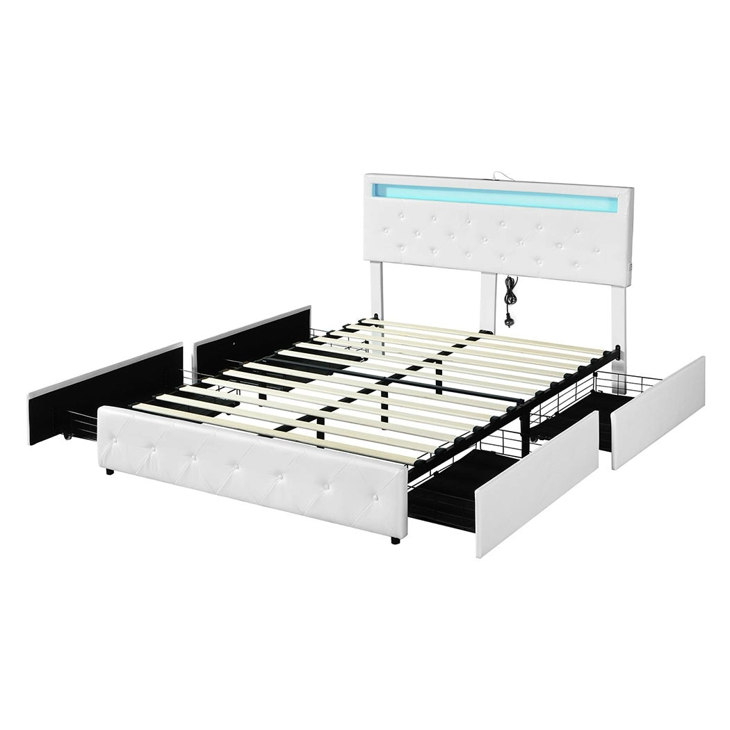 Levede Queen Bed Frame RGB LED PU Leather Mattress Base 4 Drawer USB Charge