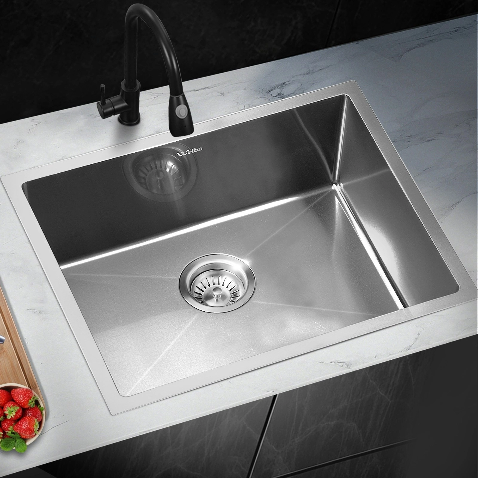 Welba Kitchen Sink 58X44CM Stainless Steel Single Bowl Basin With Waste Silver