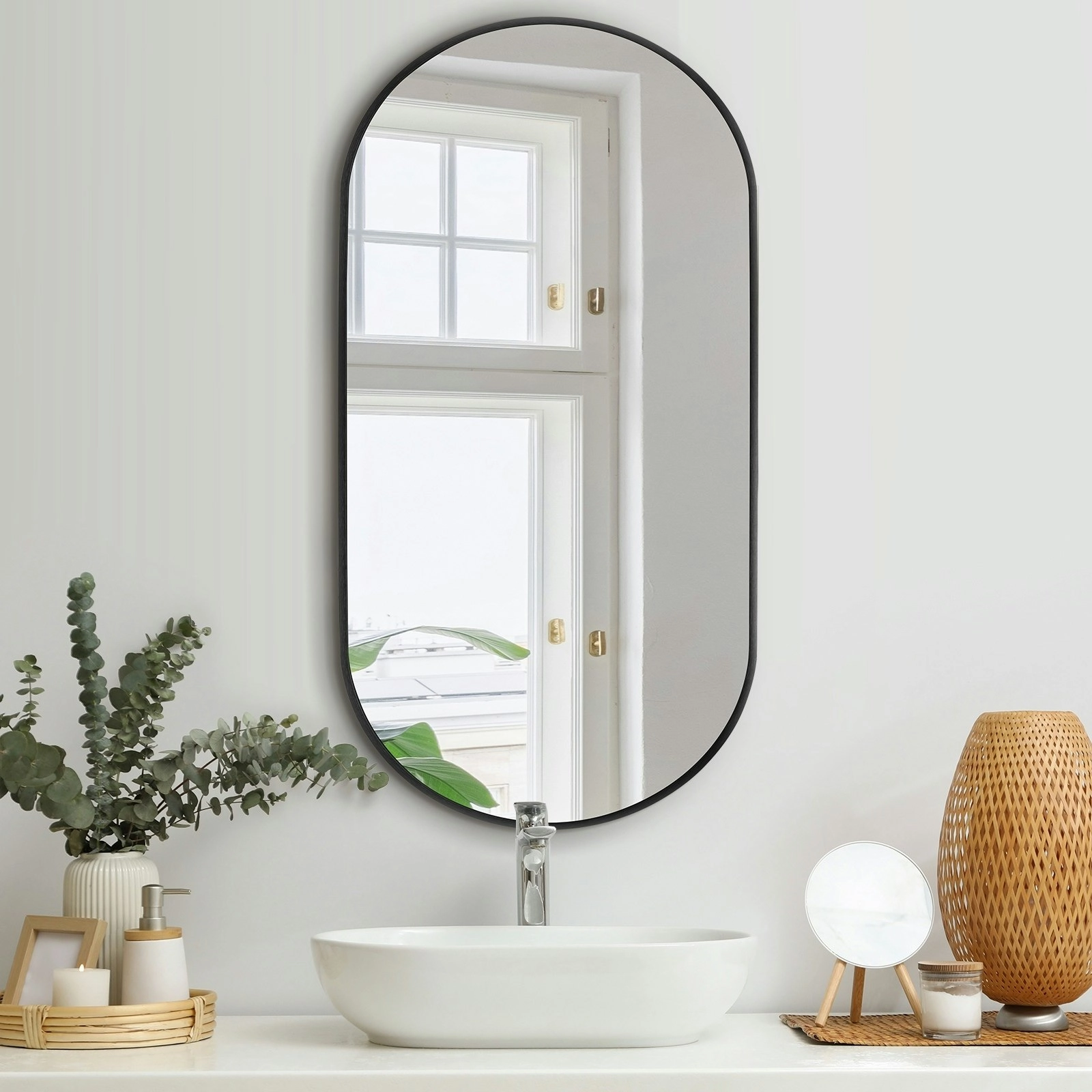 Oikiture Wall Mirrors Oval Makeup Mirror Home Decor Black 84x50cm