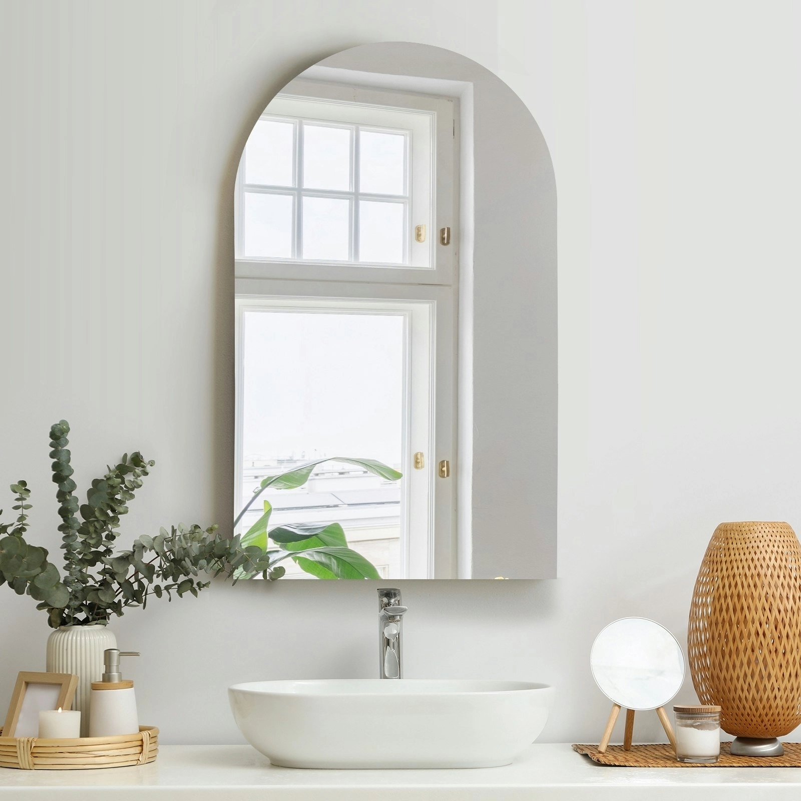 Oikiture Wall Mirrors 86x50cm Arched Makeup Mirror Bathroom Frameless