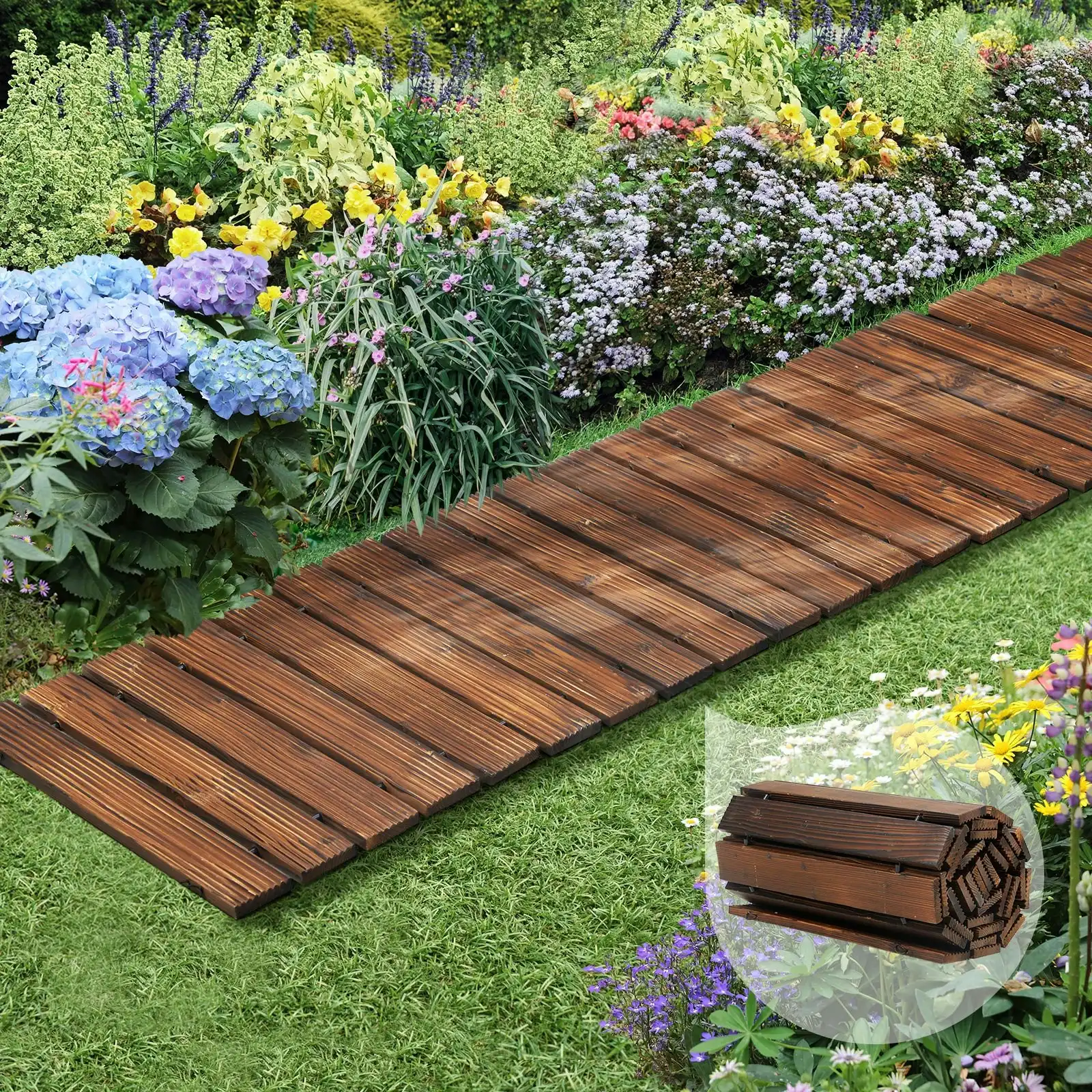 Livsip Garden Wooden Pathway 8ft Roll-Out Straight Wood Walkway Backyard Outdoor