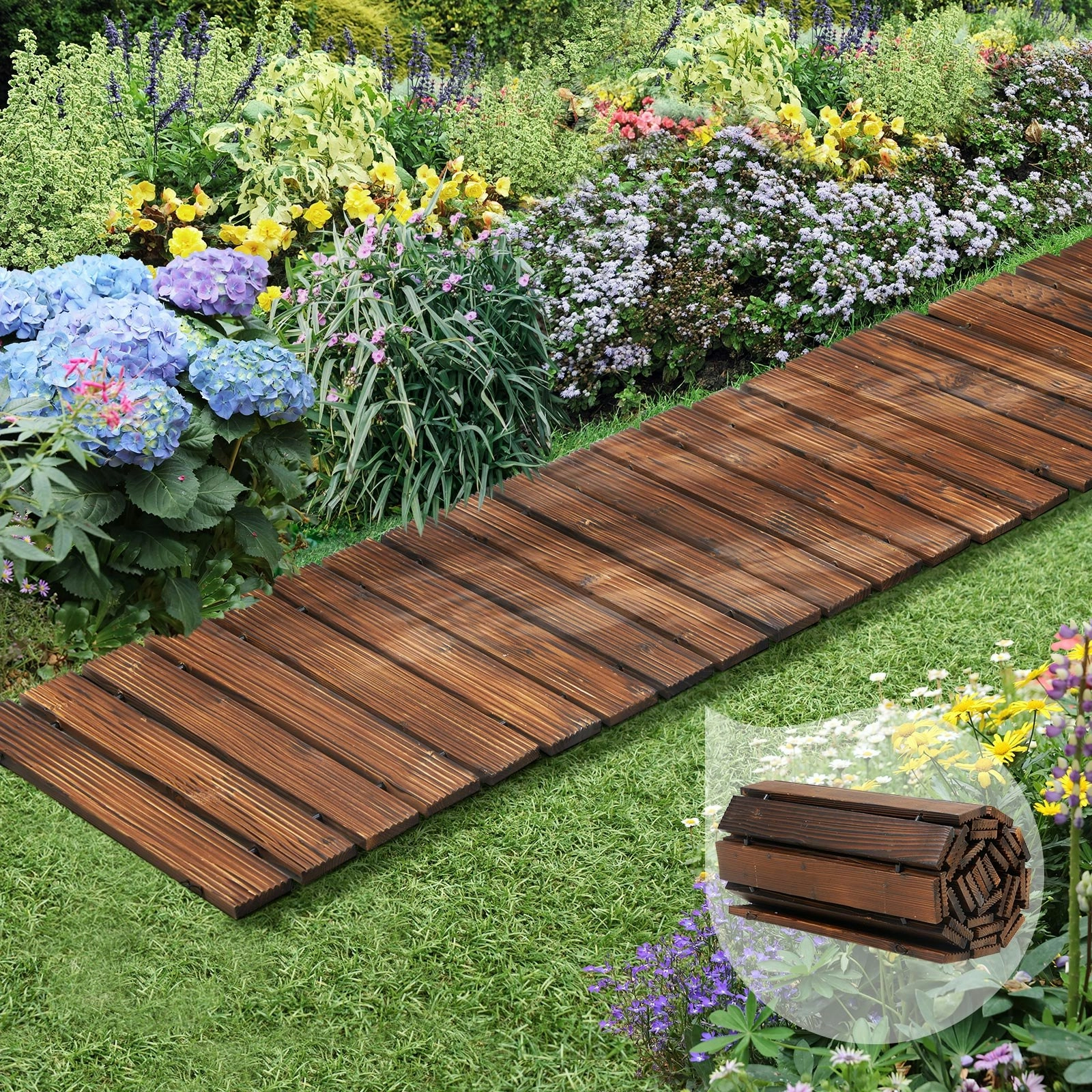 Livsip Garden Wooden Pathway 8ft Roll-Out Straight Wood Walkway Backyard Outdoor