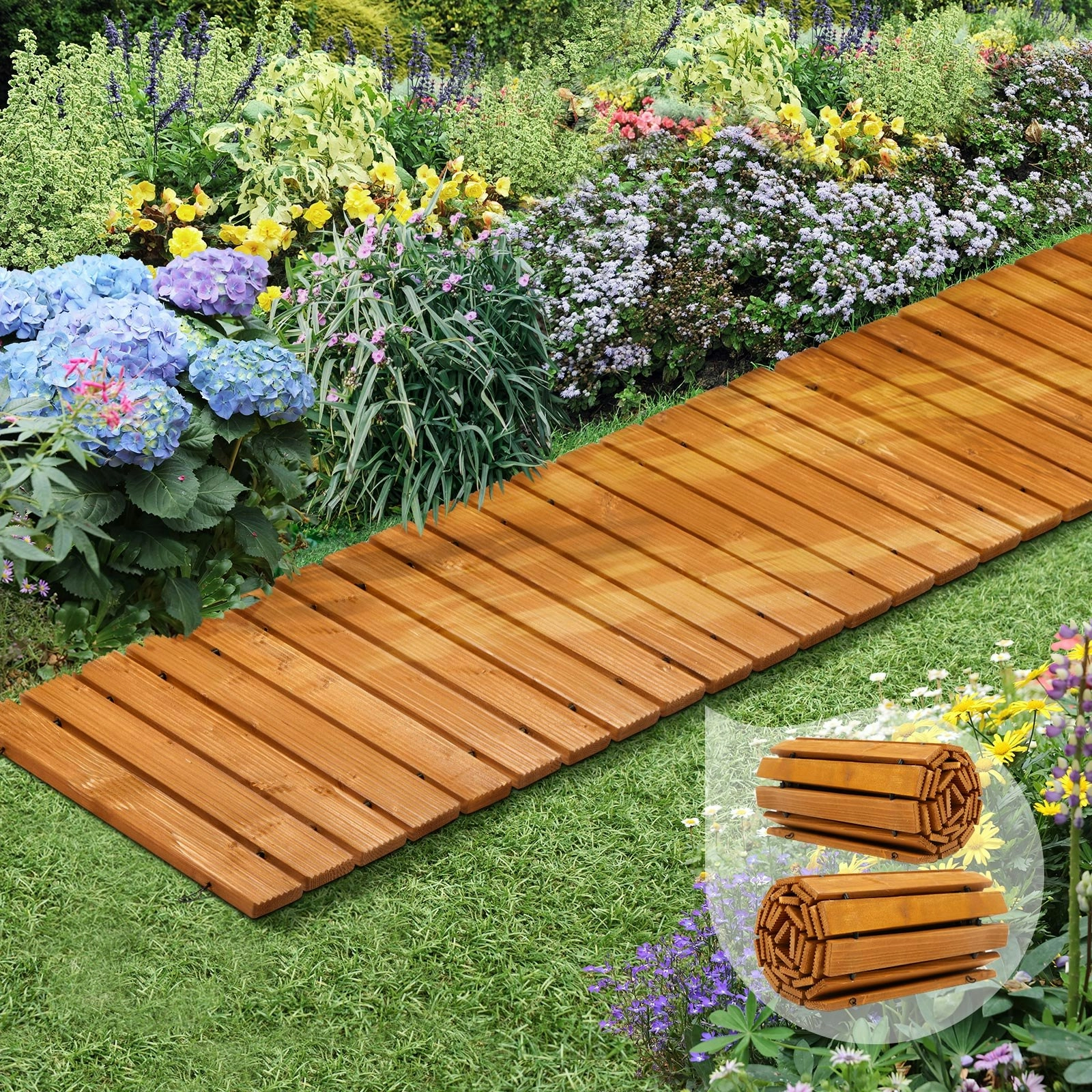 Livsip 2PC Garden Wooden Pathway 8ft Straight Wood Roll-Out Walkway Backyard