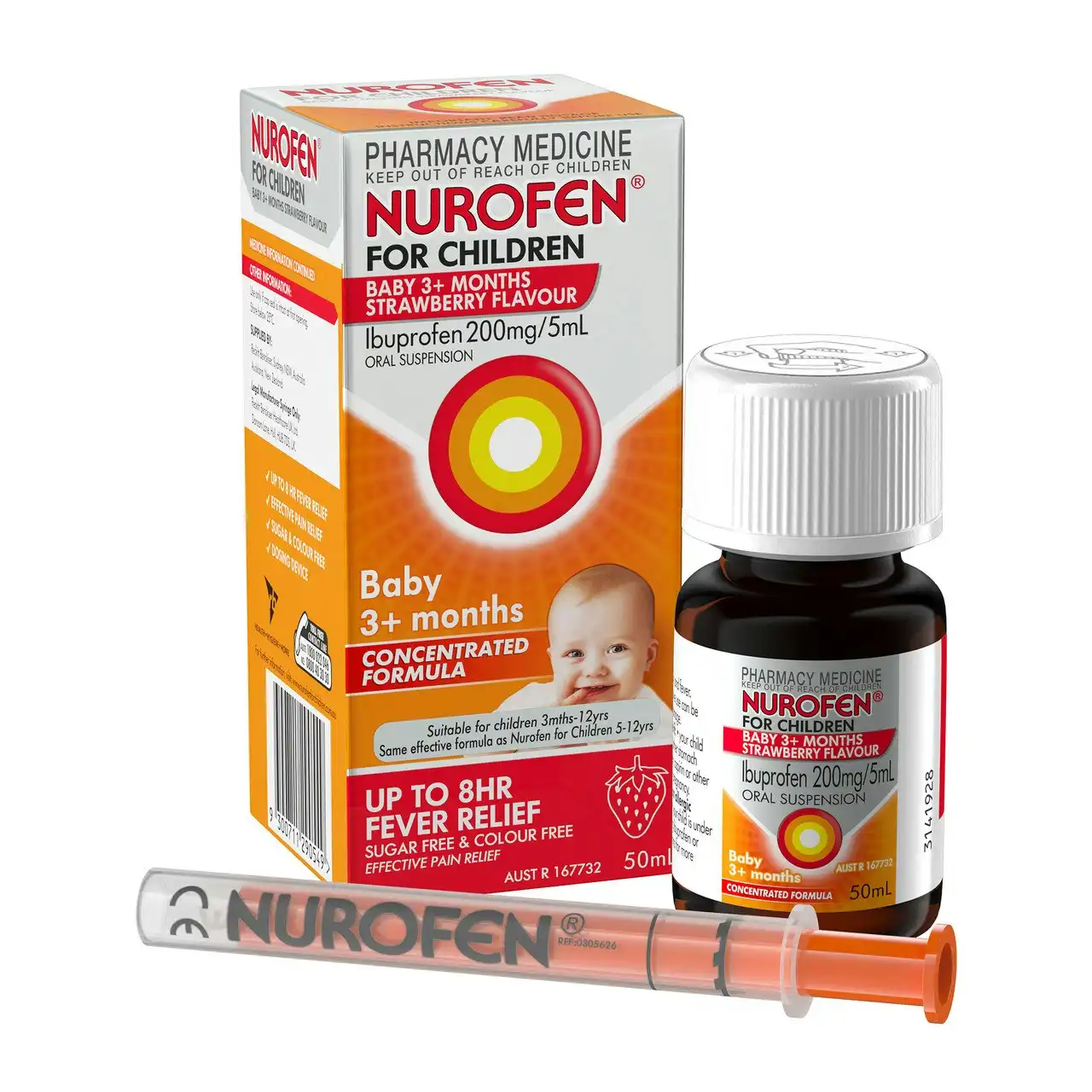 Nurofen For Children Baby 3+ Months Pain and Fever Relief Concentrated Liquid 200mg/5ml Ibuprofen Strawberry 50ml