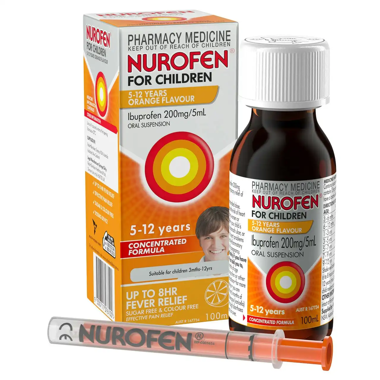 Nurofen For Children 5-12yrs Pain and Fever Relief Concentrated Liquid 200mg/5mL Ibuprofen Orange 100mL