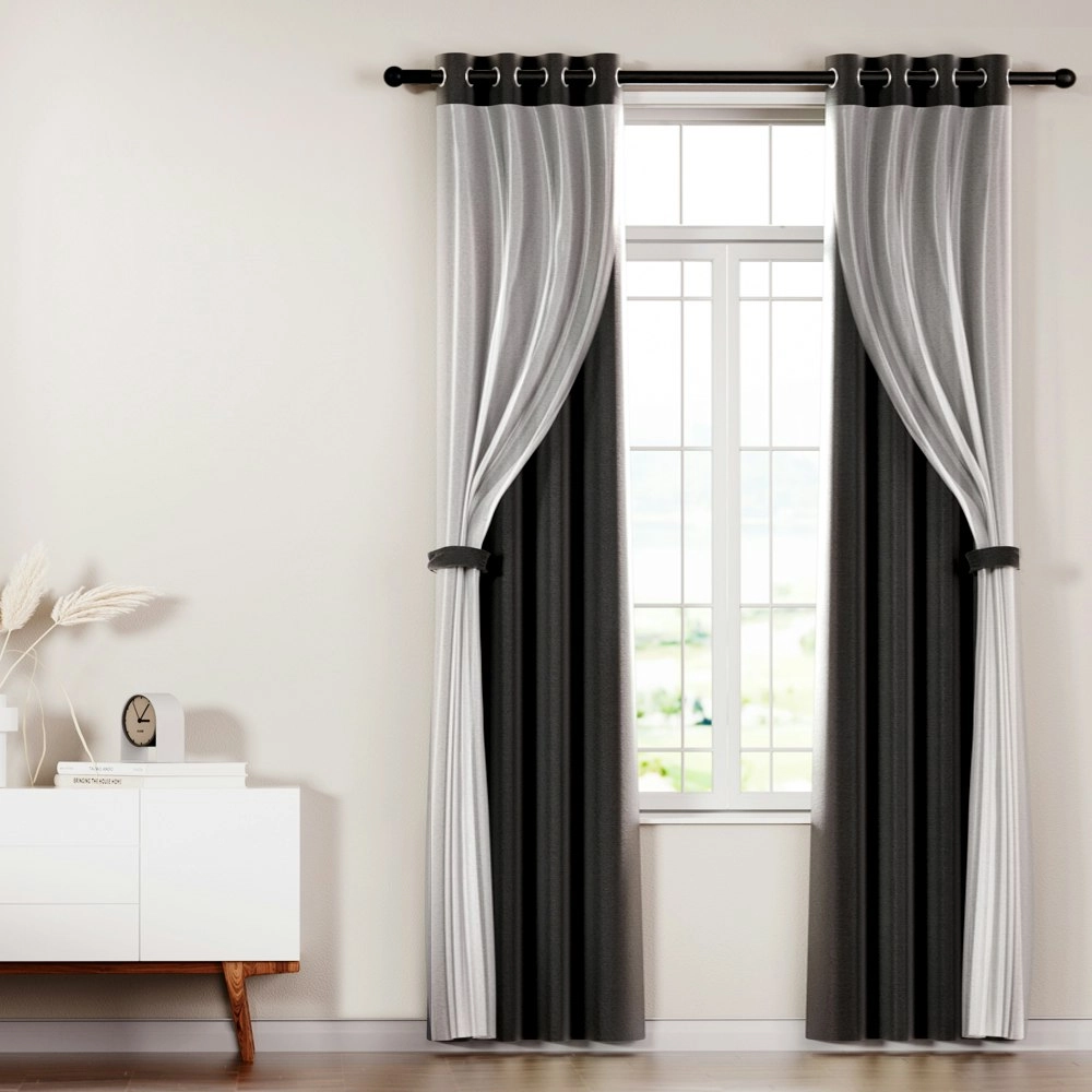 Artiss 2X 132x213cm Blockout Sheer Curtains Black