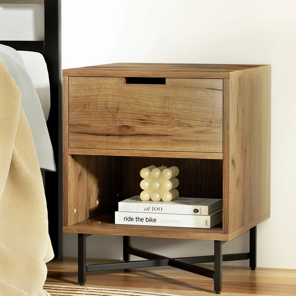 Artiss Bedside Table 1 Drawer with Shelf - KRAVU Oak