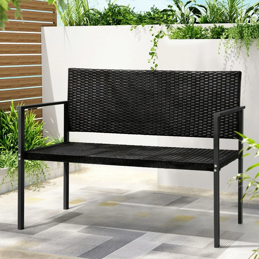 Gardeon Outdoor Garden Bench Seat Rattan Chair Steel Patio Furniture Park Black