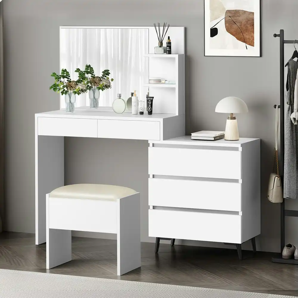 Alfordson Dressing Table Stool Set Side Cabinet White