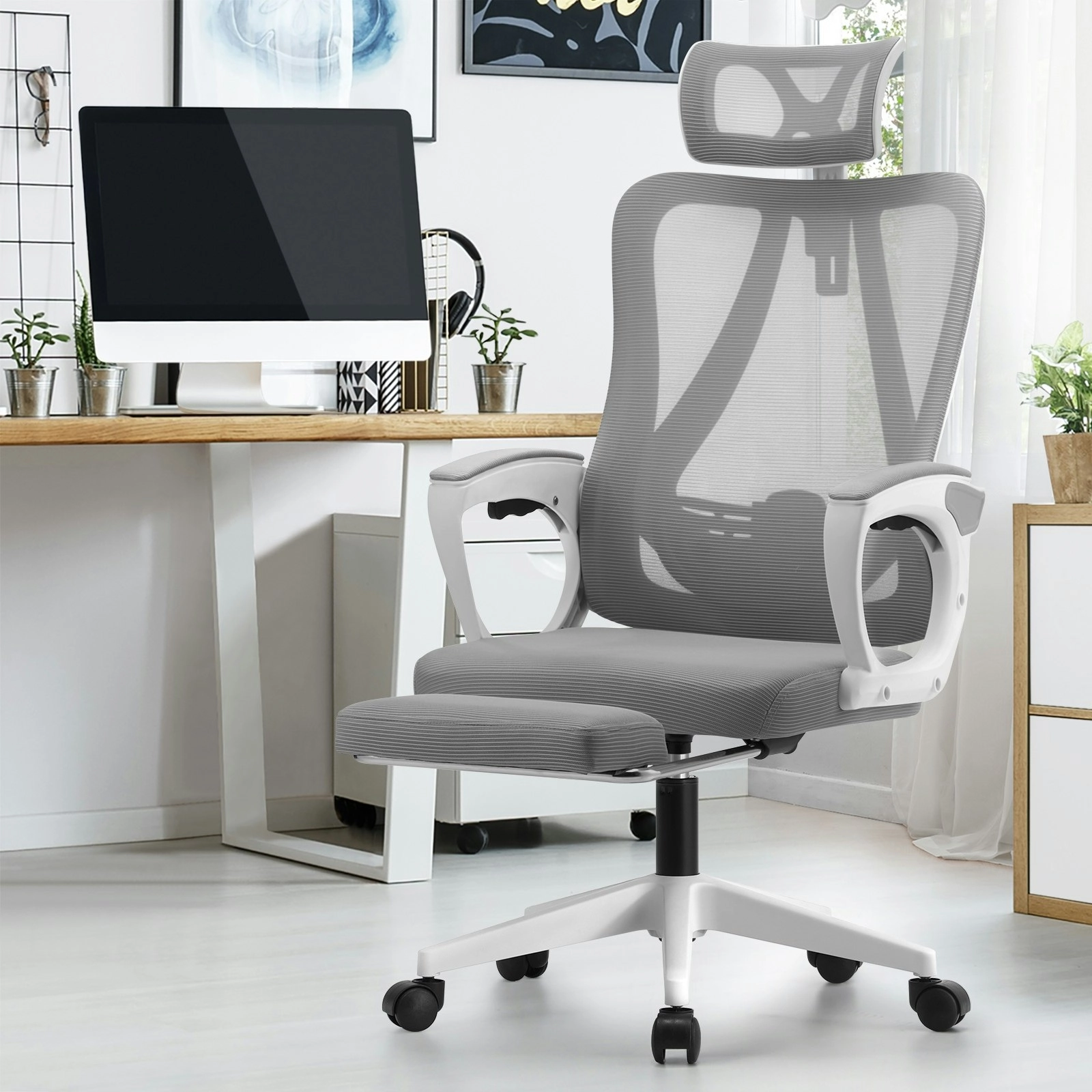 Oikiture Mesh Office Chair Adjustable Lumbar Support Reclining Footrest White