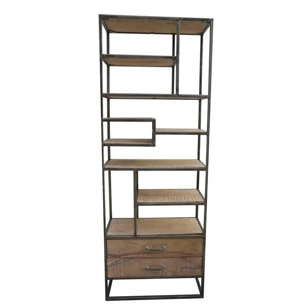 Warren Industrial Slim Iron Bookcase Display Cabinet W/ 2-Drawers