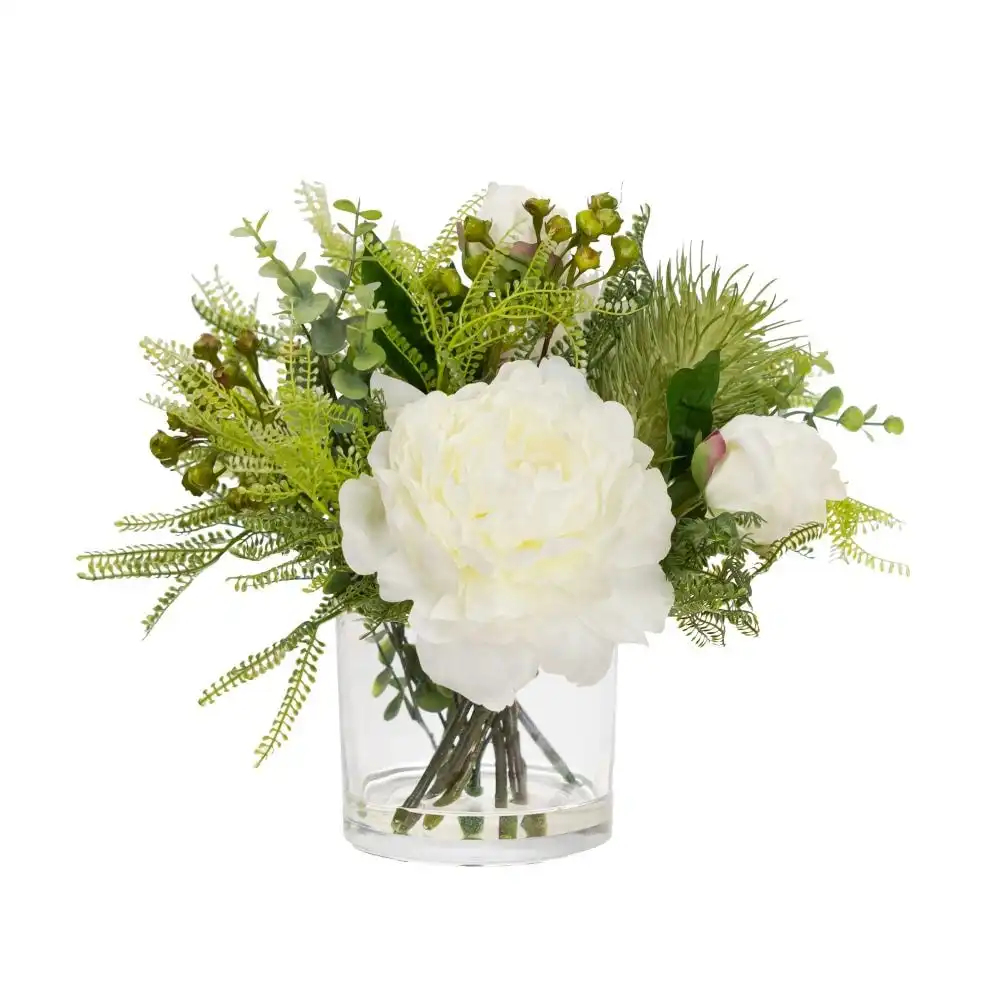 Glamorous Fusion Peony & Banksia 30cm White Artificial Faux Plant Flower Decorative Mixed Arrangement In Glass