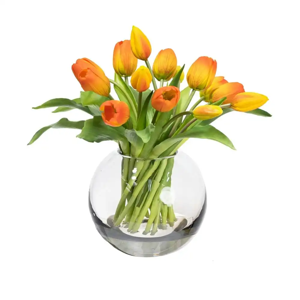 Glamorous Fusion Orange Tulip Artificial Faux Flower Plant Decorative Arrangement In Fishbowl