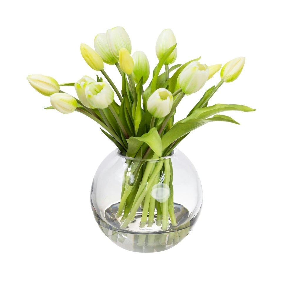 Glamorous Fusion White Tulip 29cm Artificial Faux Flower Plant Decorative Arrangement In Fishbowl