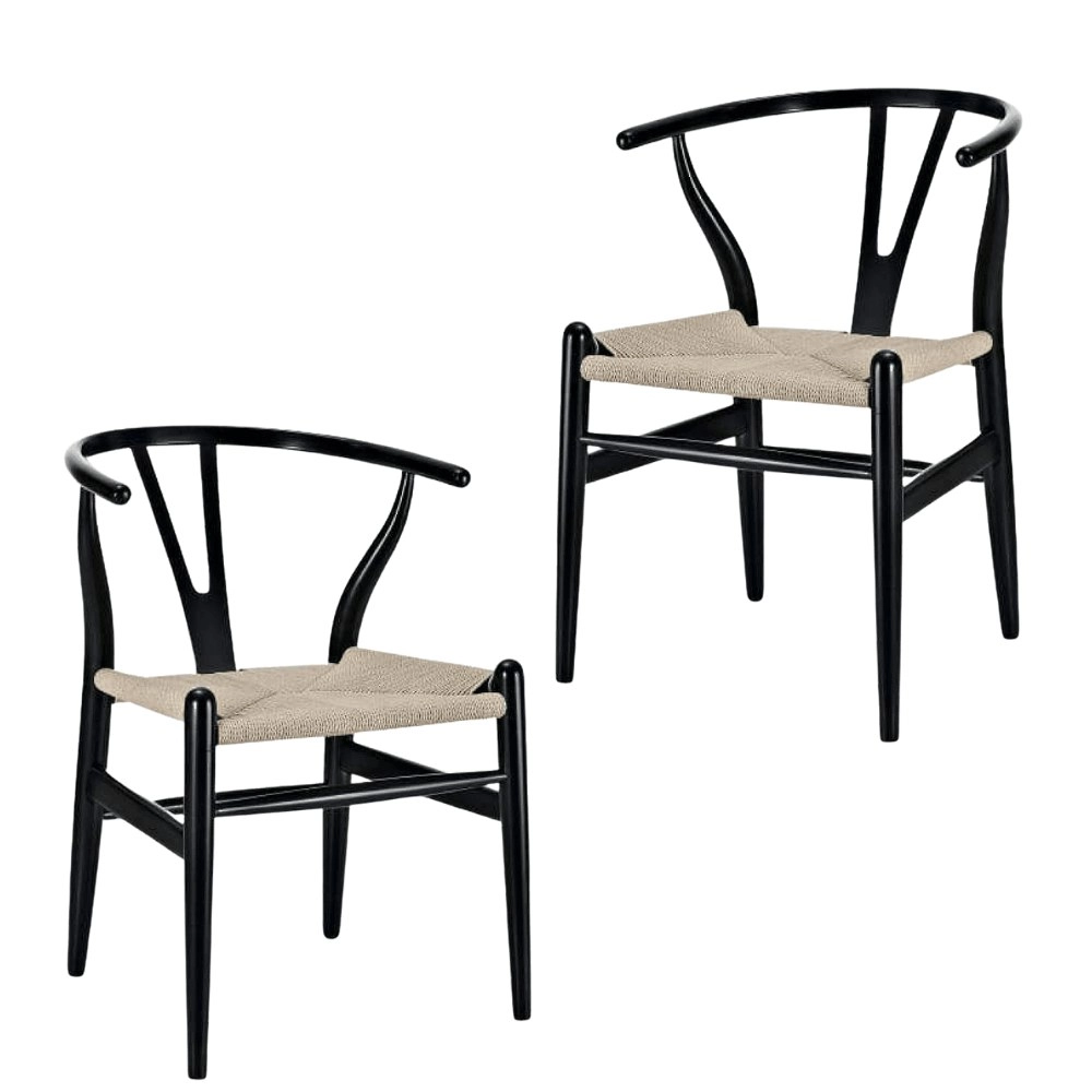 Set of 2 - Hans Wegner Replica Wishbone Cord Dining Chair - Natural Seat - Black