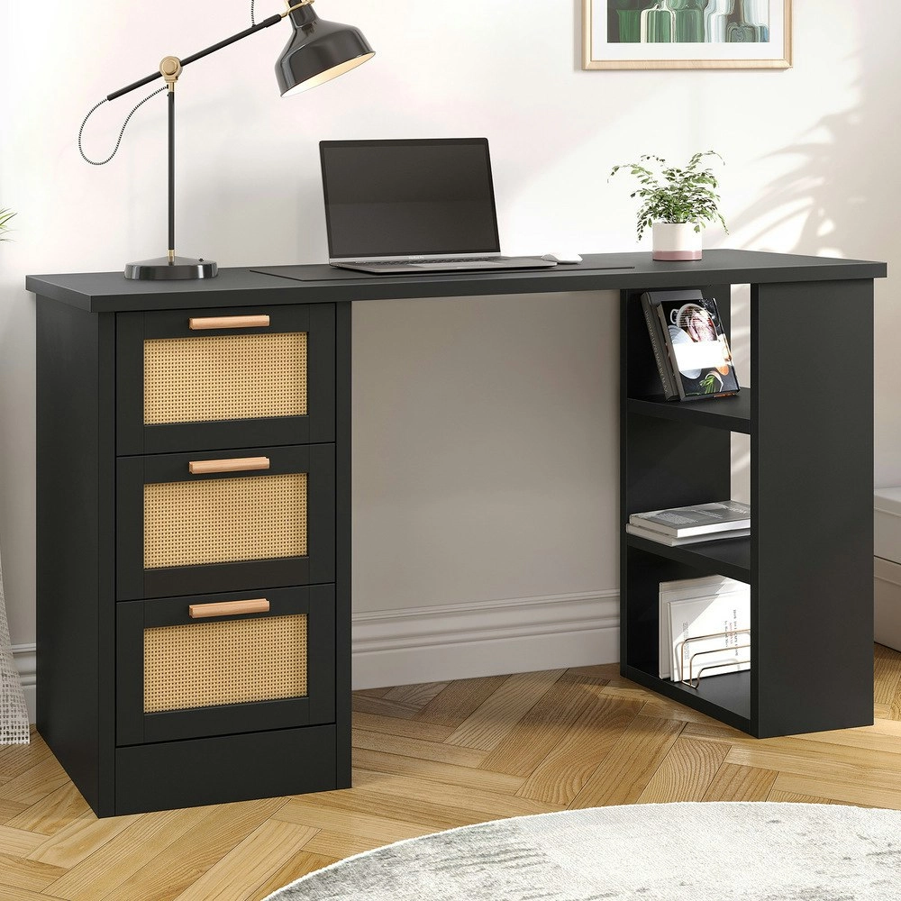 Alfordson Computer Desk Rattan Study Table Black