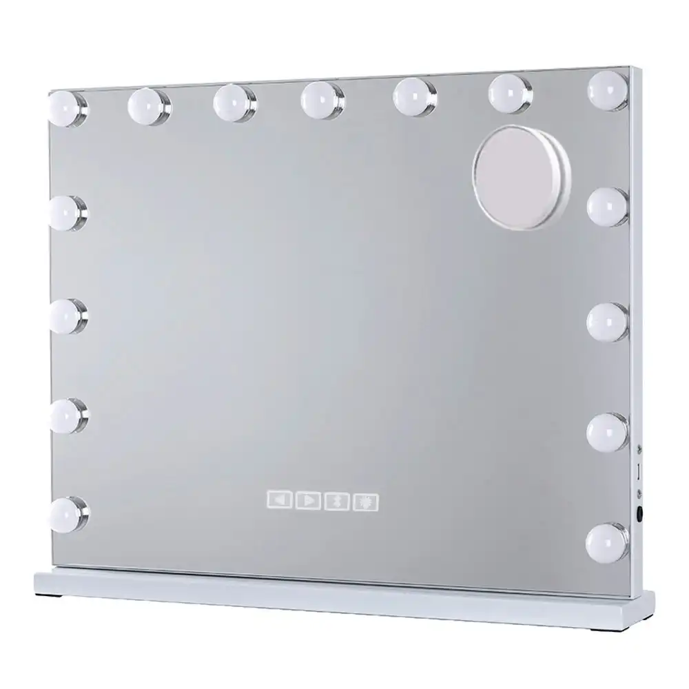 Viviendo Hollywood LED Lighted Makeup Mirror with 15 Dimmable Bulbs Bluebooth Speaker, Tabletop or Wall-Mounted, White