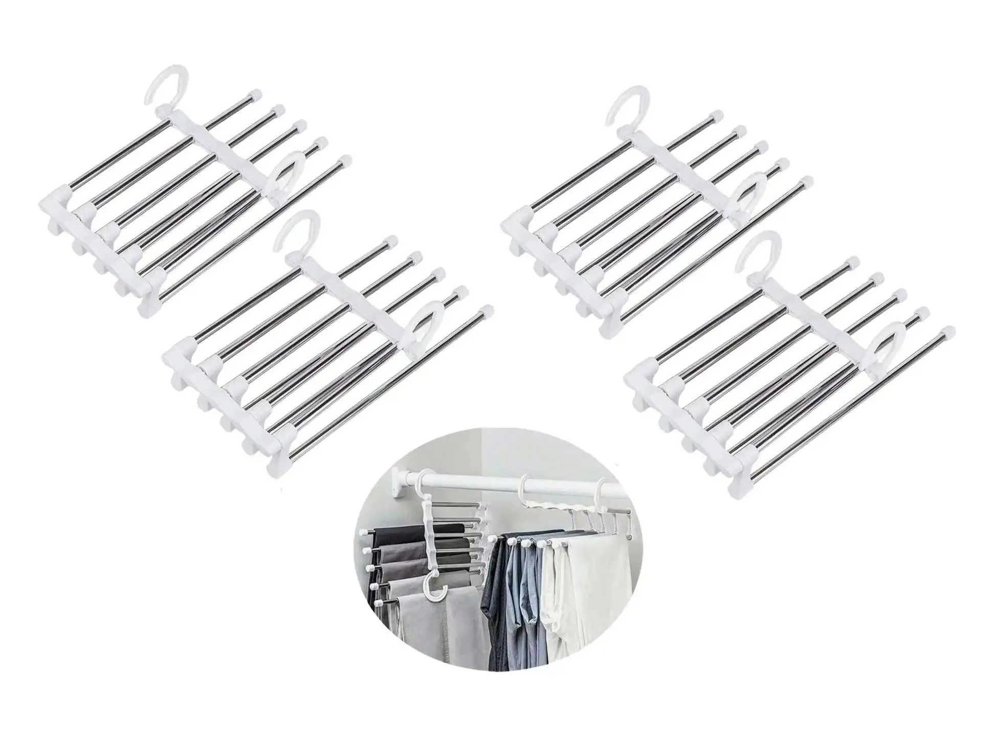 4 Pack Stainless Steel Adjustable 5 in 1 Pants Hangers Non-Slip Space Saving for Home Storage