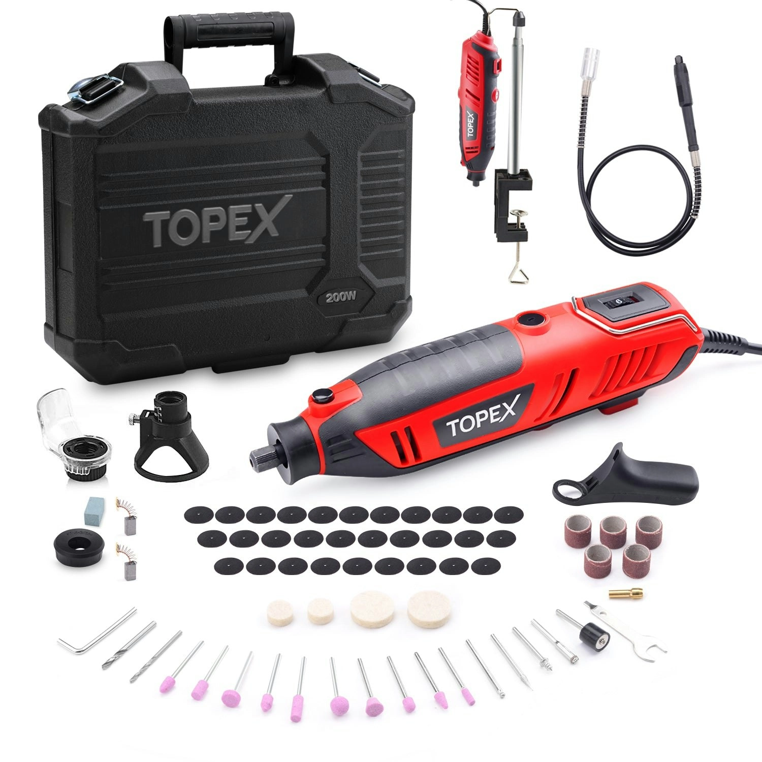 Topex Heavy Duty 200W Rotary Tool Set Grinder Sander Polisher Flex Shaft Multiple Accessories