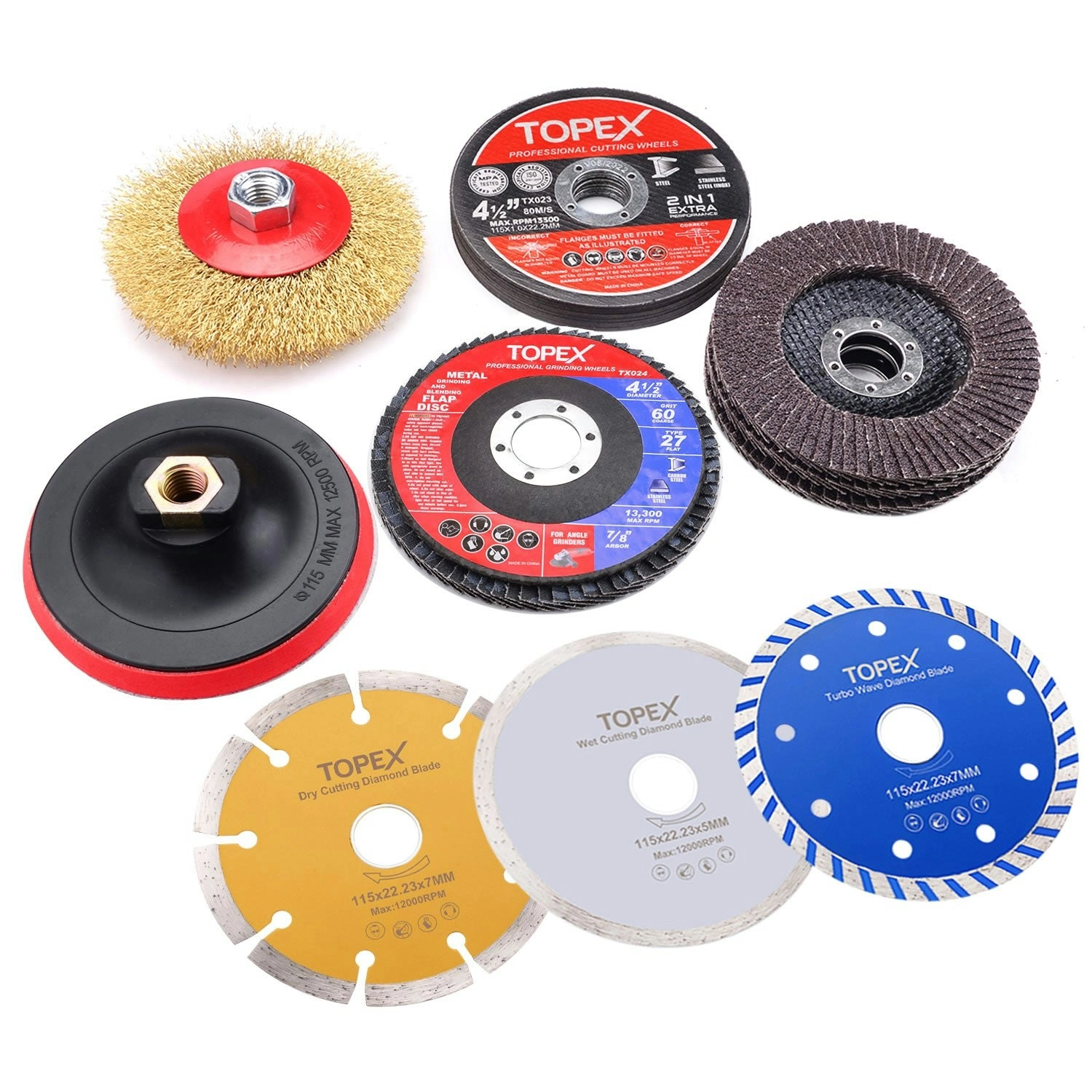 Topex 20PCs 115mm Cutting Wheel Flap Grinding Disc Wire Brush Diamond Turo Blades Kit