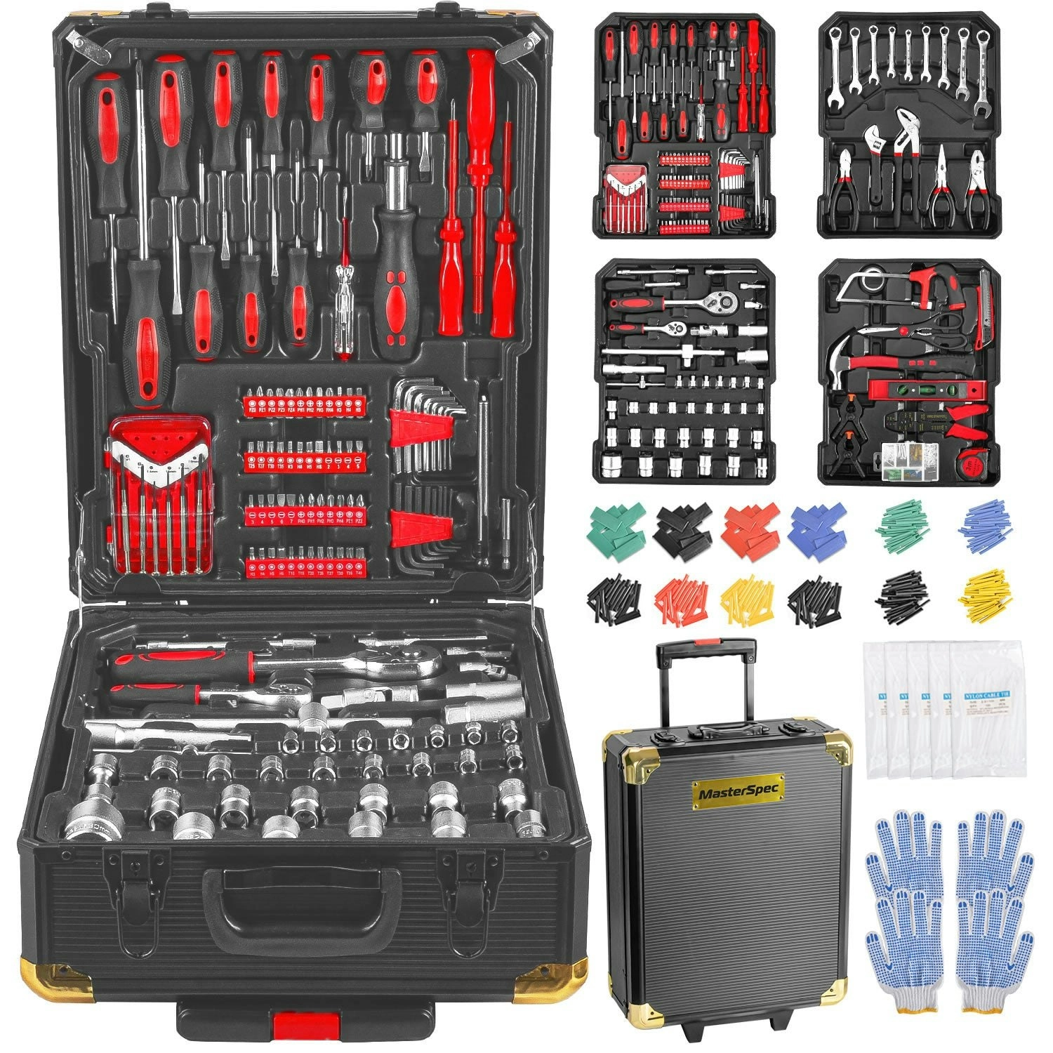 MasterSpec 1180pcs Professional Tool Set Aluminum Case Tool Kits w/ Rolling Tool Box