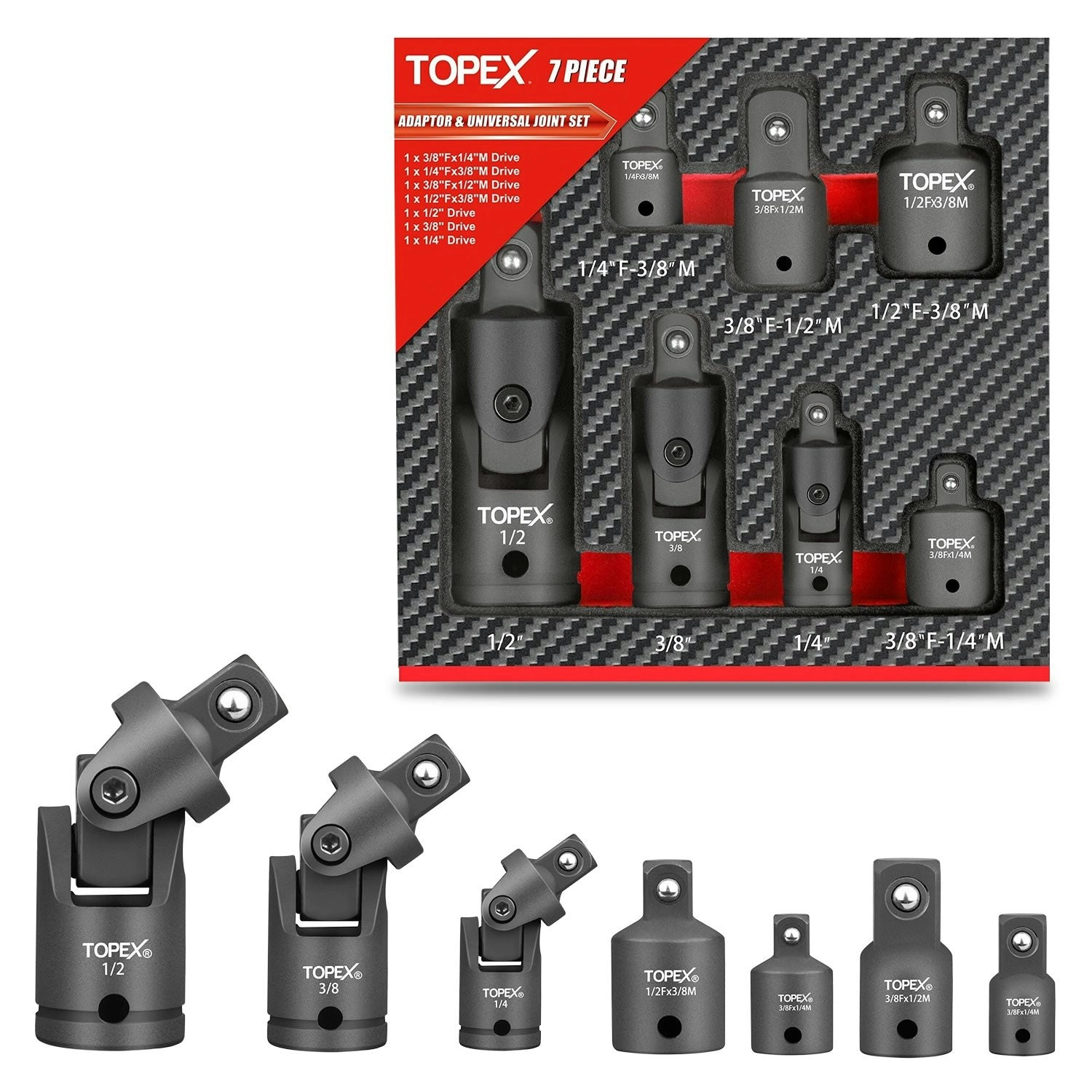 Topex 7-piece socket adaptor set 1/4" 3/8" and 1/2" universal joint socket adaptor