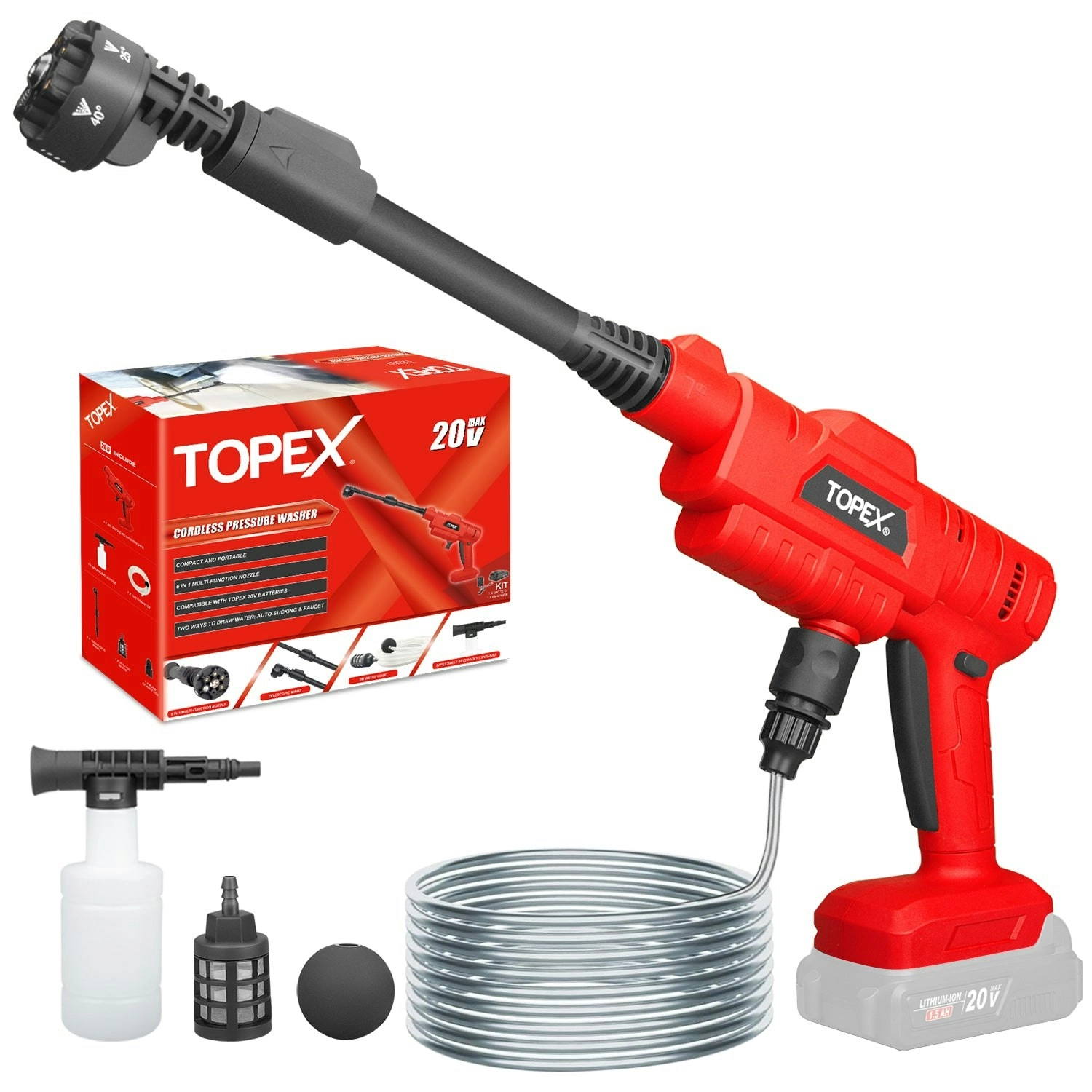 Topex 20V Cordless Pressure Washer Skin without Battery , 6-in-1 Nozzle for Washing Car/Wall/Floor