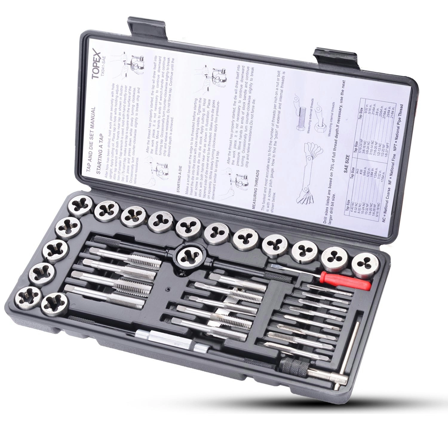 Topex 40 PCs Metric Imperial Tap and Die Set Screw Thread Drill Kit Pitch Gauge M3-M12