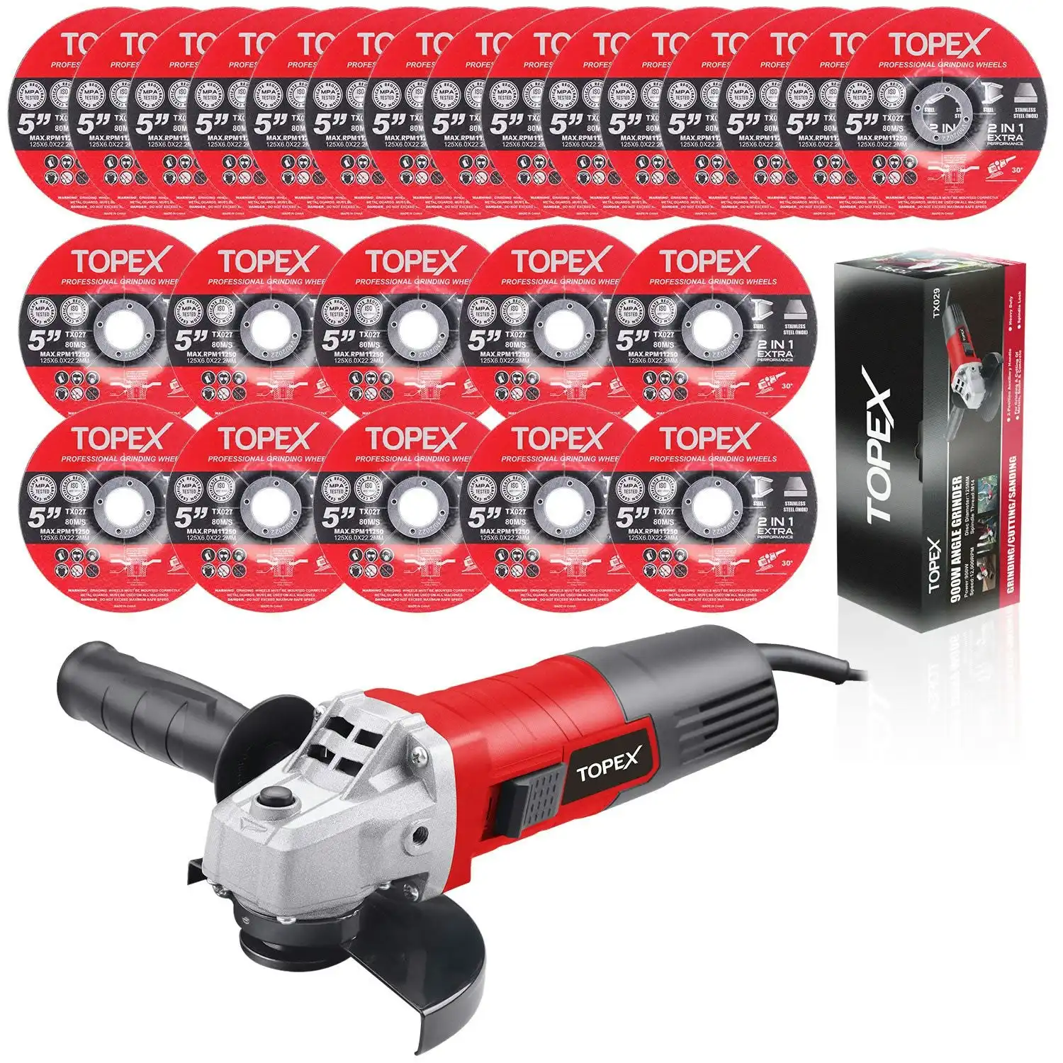 Topex Heavy Duty 900W 125mm 5'' Angle Grinder w/ 25PCs 5" Grinding Wheels