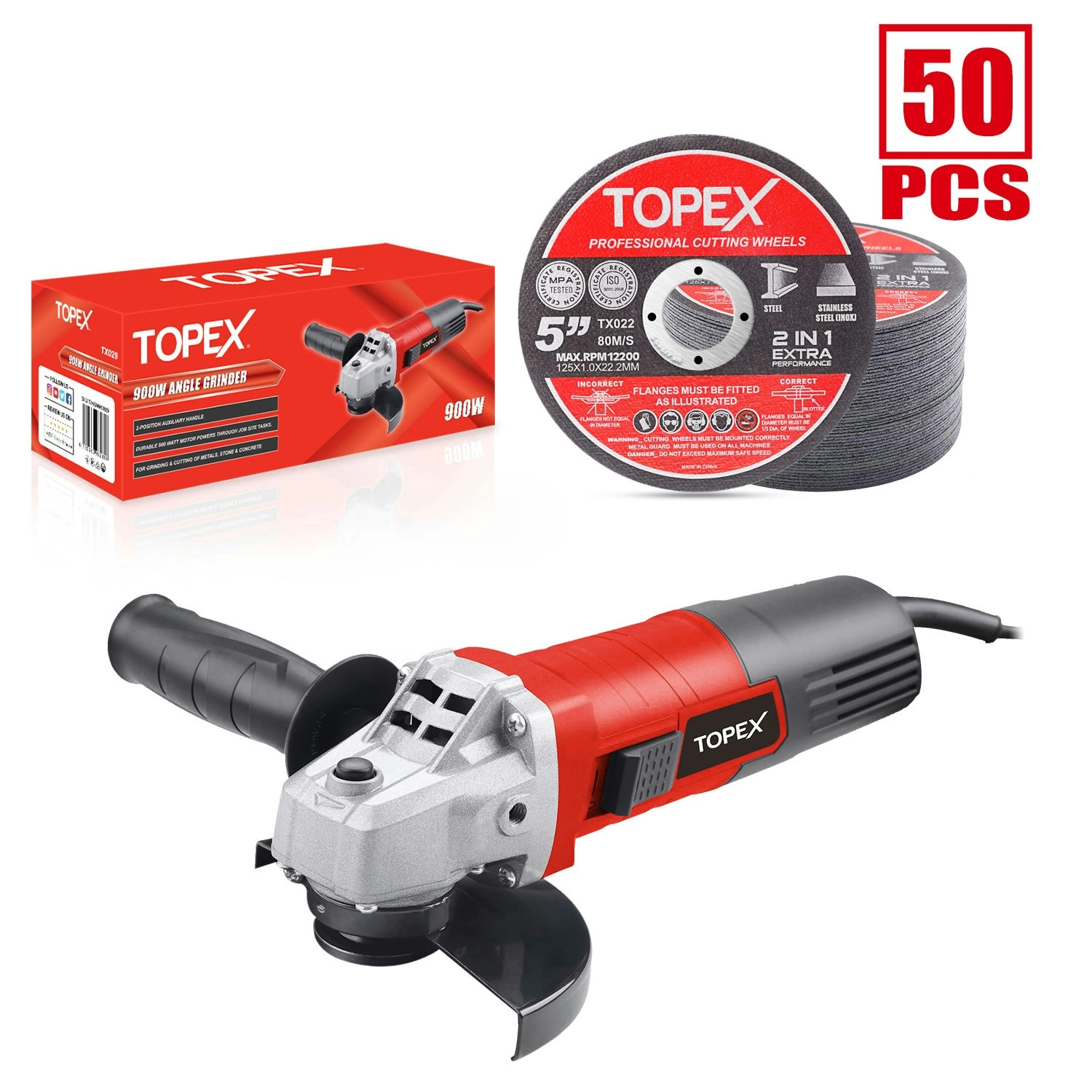 Topex Heavy Duty 900W 125mm 5" Angle Grinder w/ 50PCs 5" Cutting Discs