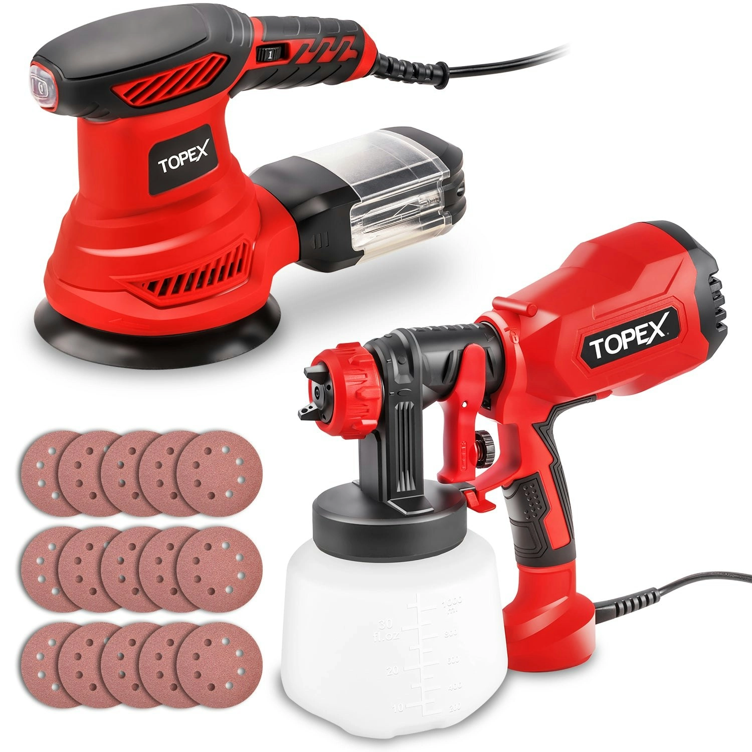 Topex Tool Combo Handhold Electric Paint Sprayer Gun & Random Orbital Sander Polisher