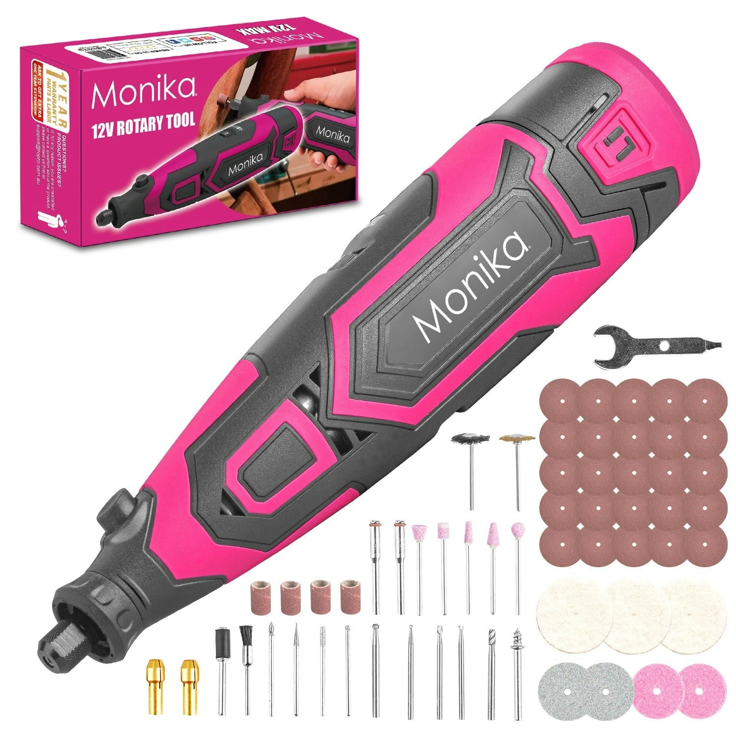 Monika 12V Cordless Rotary Tool Pink Variable Speed Engraver Grinder Multi Accessories