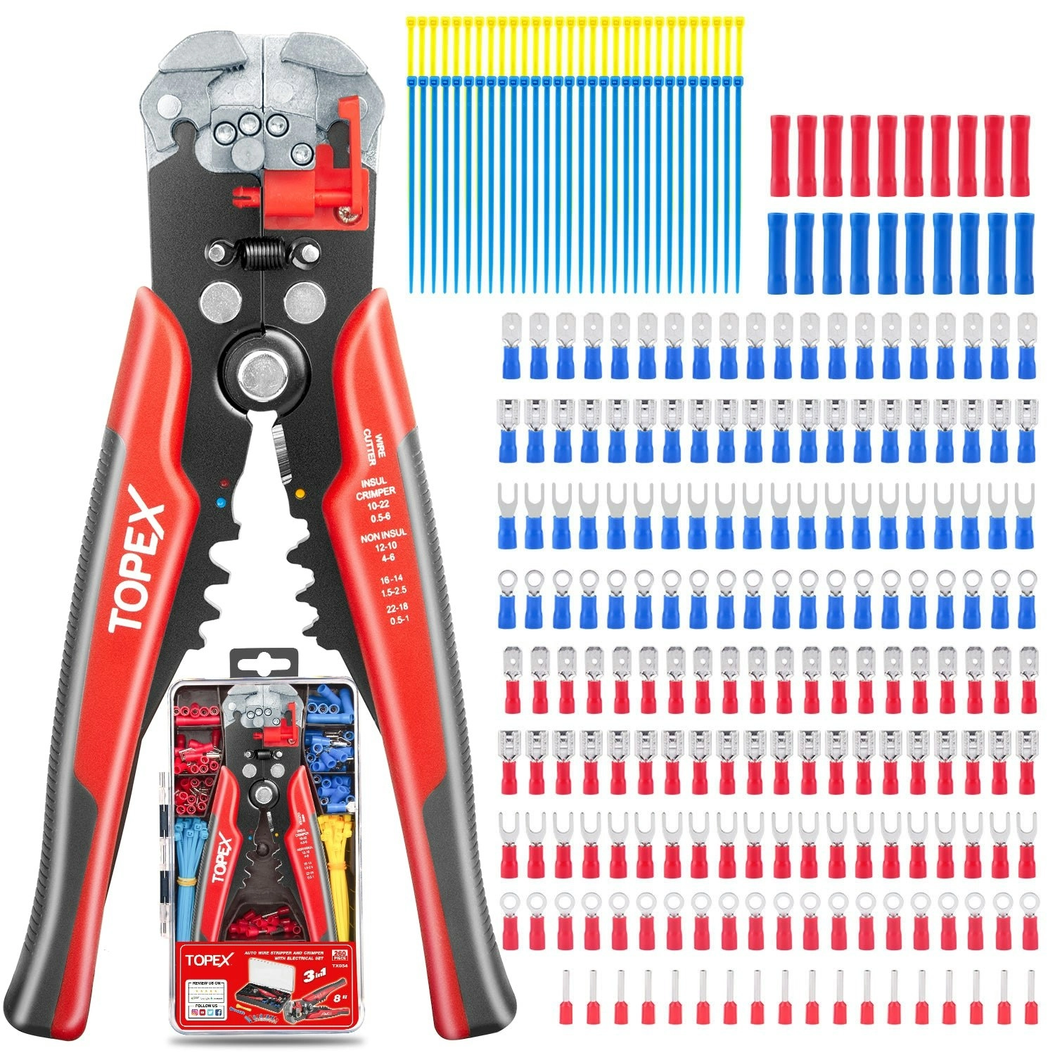 Topex 260-Piece Wire Stripper Self-Adjustable Crimper Plier Set Terminals Tools