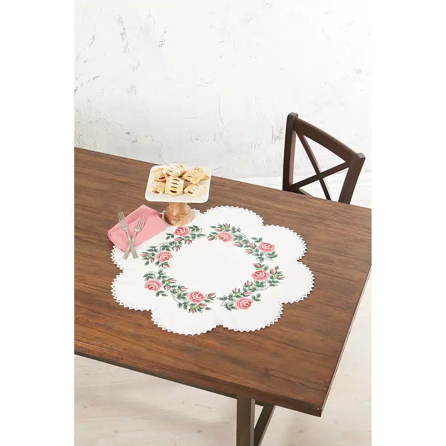 Roses On Scalloped Table Topper- Needlework