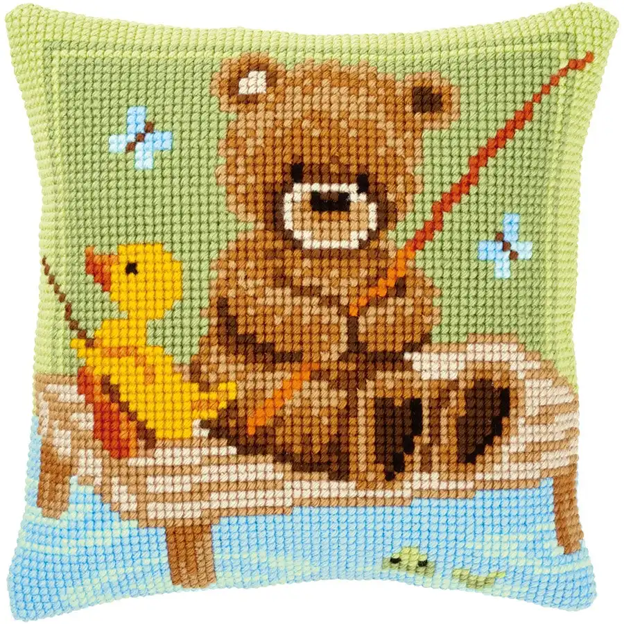 Popcorn Fishing Needlepoint Cushion- Needlework