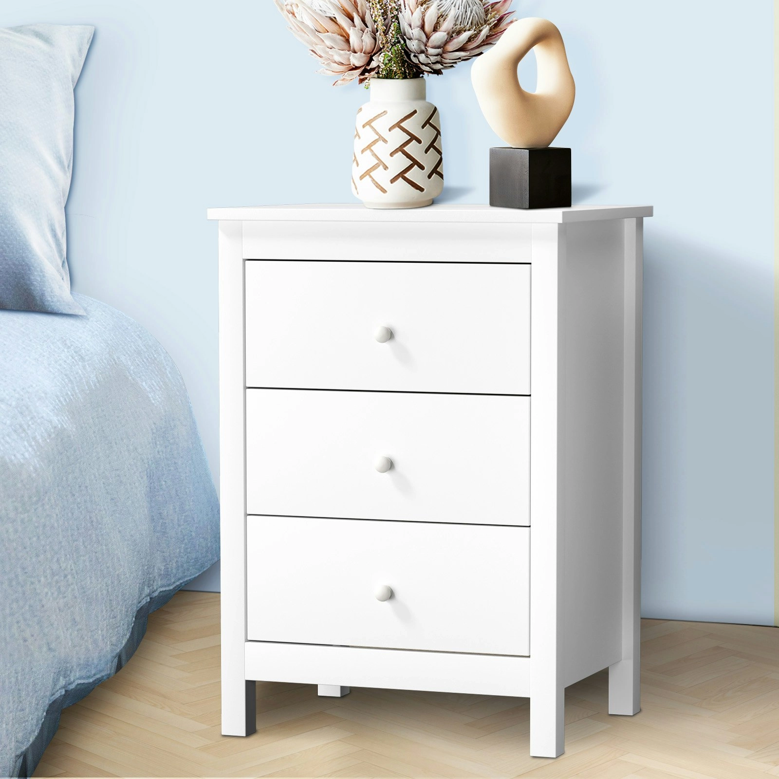 Oikiture Bedside Table 3 Drawers Bedroom Hamptons Furniture Storage Cabinet