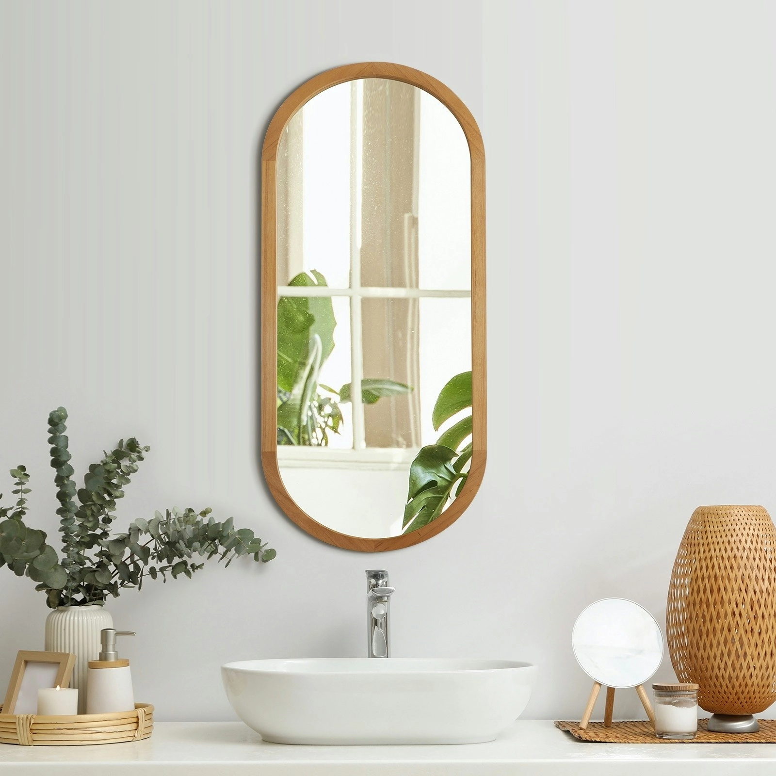 Oikiture Wall Mirrors Oval Makeup Mirror Home Decor Wooden 76x31cm