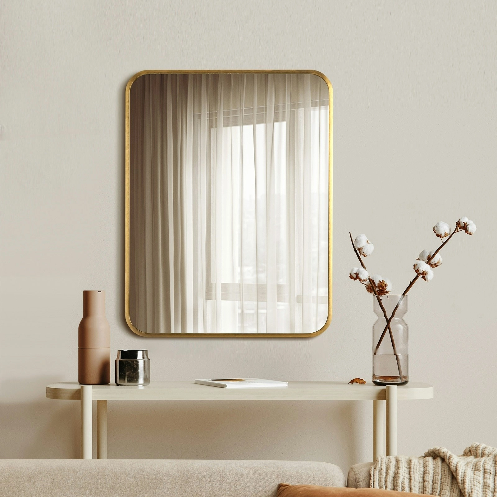 Oikiture Wall Mirrors Rectangle Makeup Mirror Metal Frame 65x50cm Gold