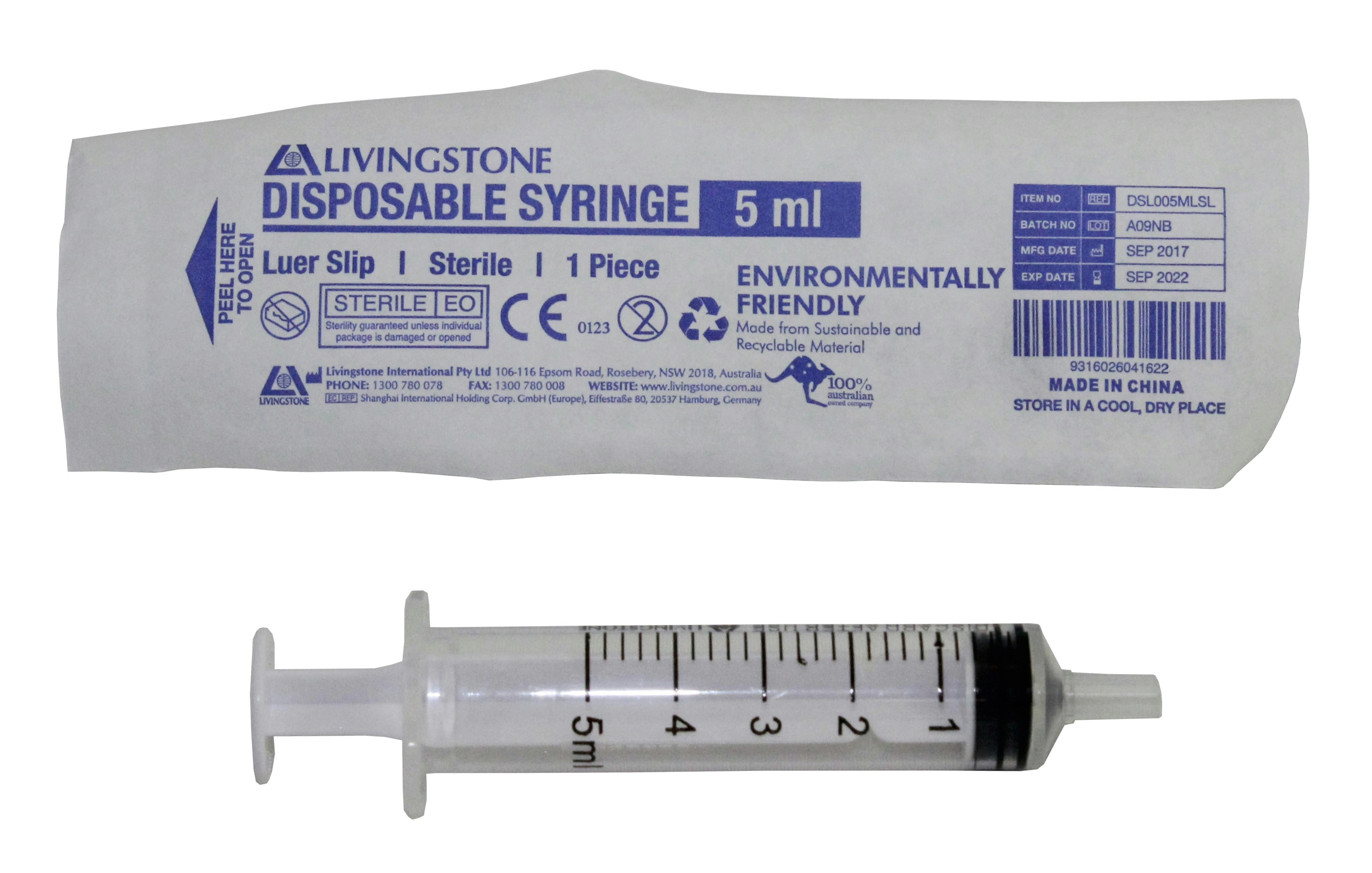 Livingstone Syringe, 5ml, Luer Slip Tip, White Plunger, Latex Free, Hypoallergenic, Sterile, 100/Box x27