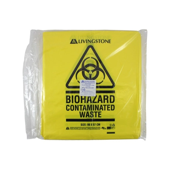 Livingstone Biohazard Waste Bag, 99 x 57cm, 72 Litres, 30 Microns, Recyclable LDPE, Yellow, 50/Bag, 250/Carton x3