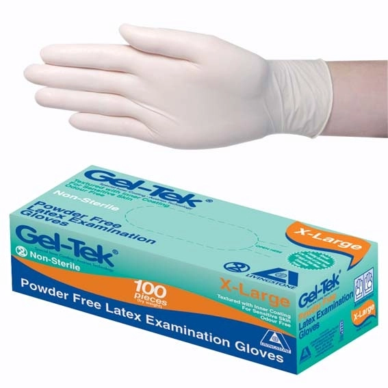 Gel-Tek Latex Exam Gloves Powder Free AS/NZ Biodegradable Polymer Coated Textured Cream X-Large 90/Box, 900/Carton