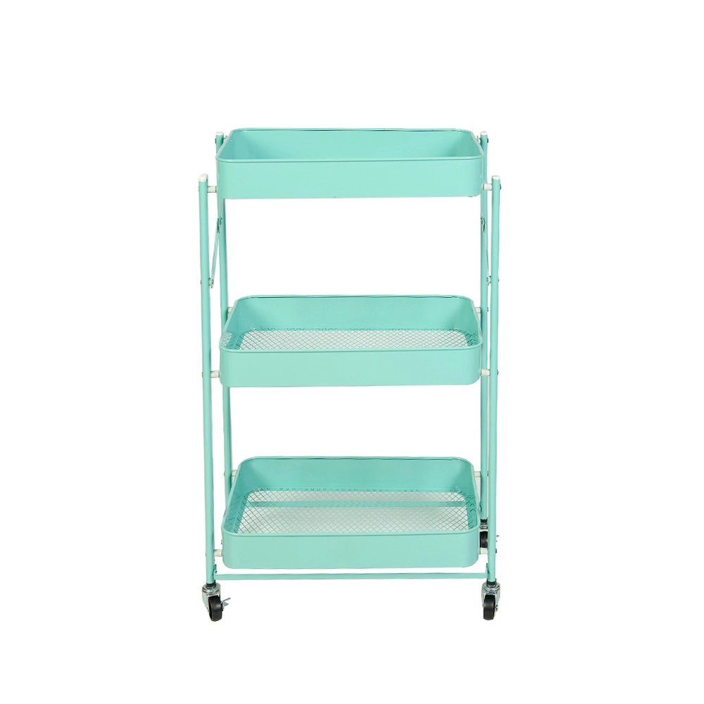 Viviendo 3 Tier Organiser Trolley Foldable Metal Utility Rolling Cart Home Storage Kitchen - Mint