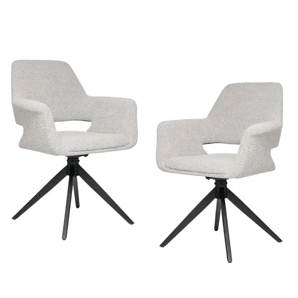 Set Of 2 Sara Boucle Fabric Modern Kitchen Dining ArmChair Metal Frame - Ivory