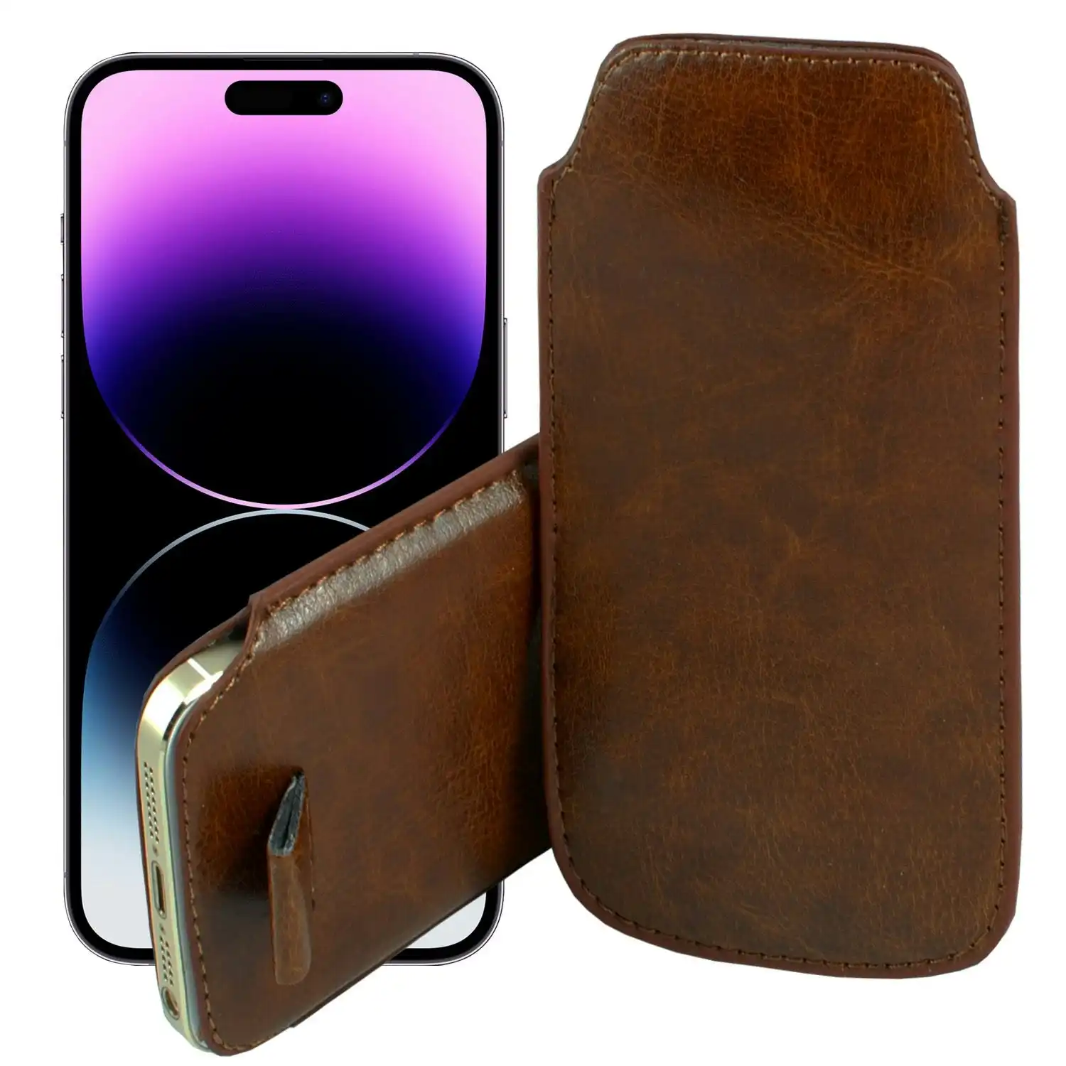 MEZON Pull Tab Slim Pouch for iPhone 14 Pro (6.1") PU Leather Sleeve Case – Shock Absorption – Brown