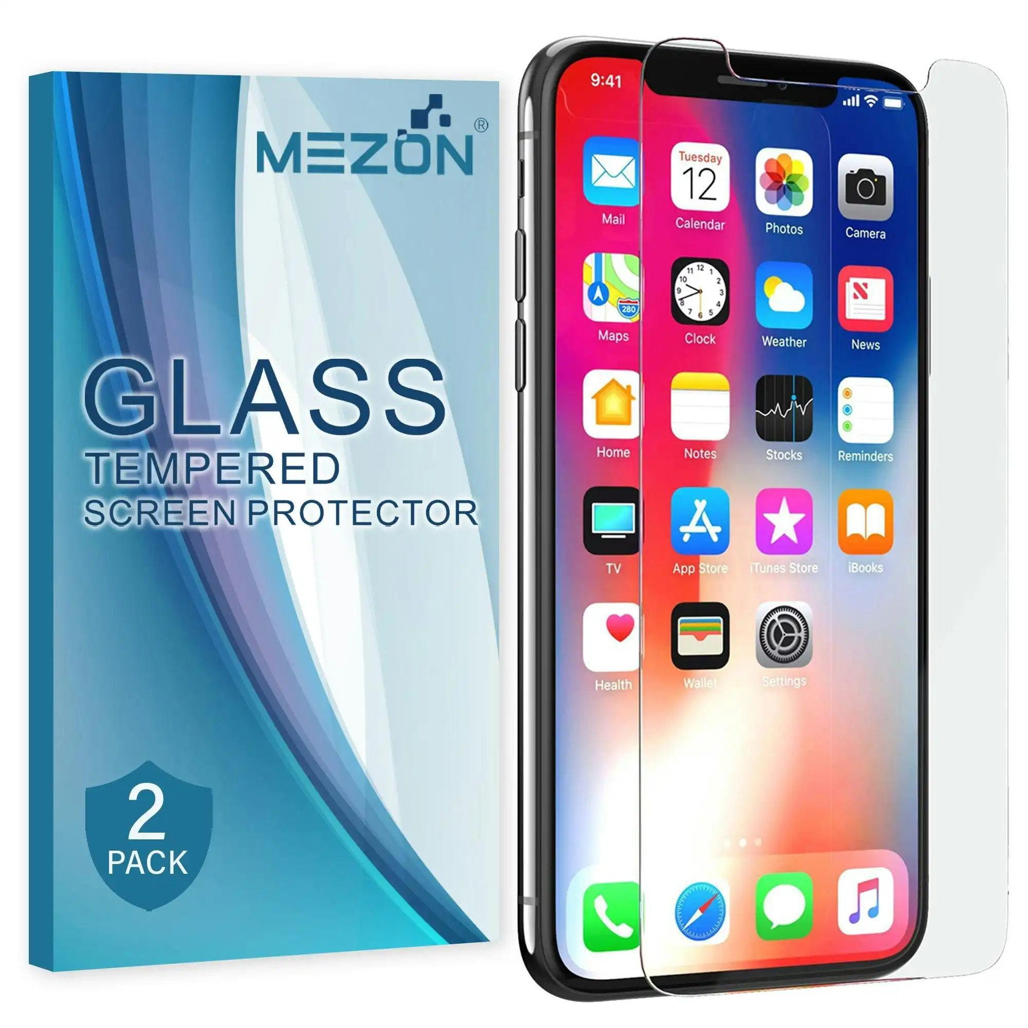 [2 Pack] MEZON Apple iPhone XS (5.8") Tempered Glass Crystal Clear Premium 9H HD Case Friendly Screen Protector (iPhone XS, 9H)